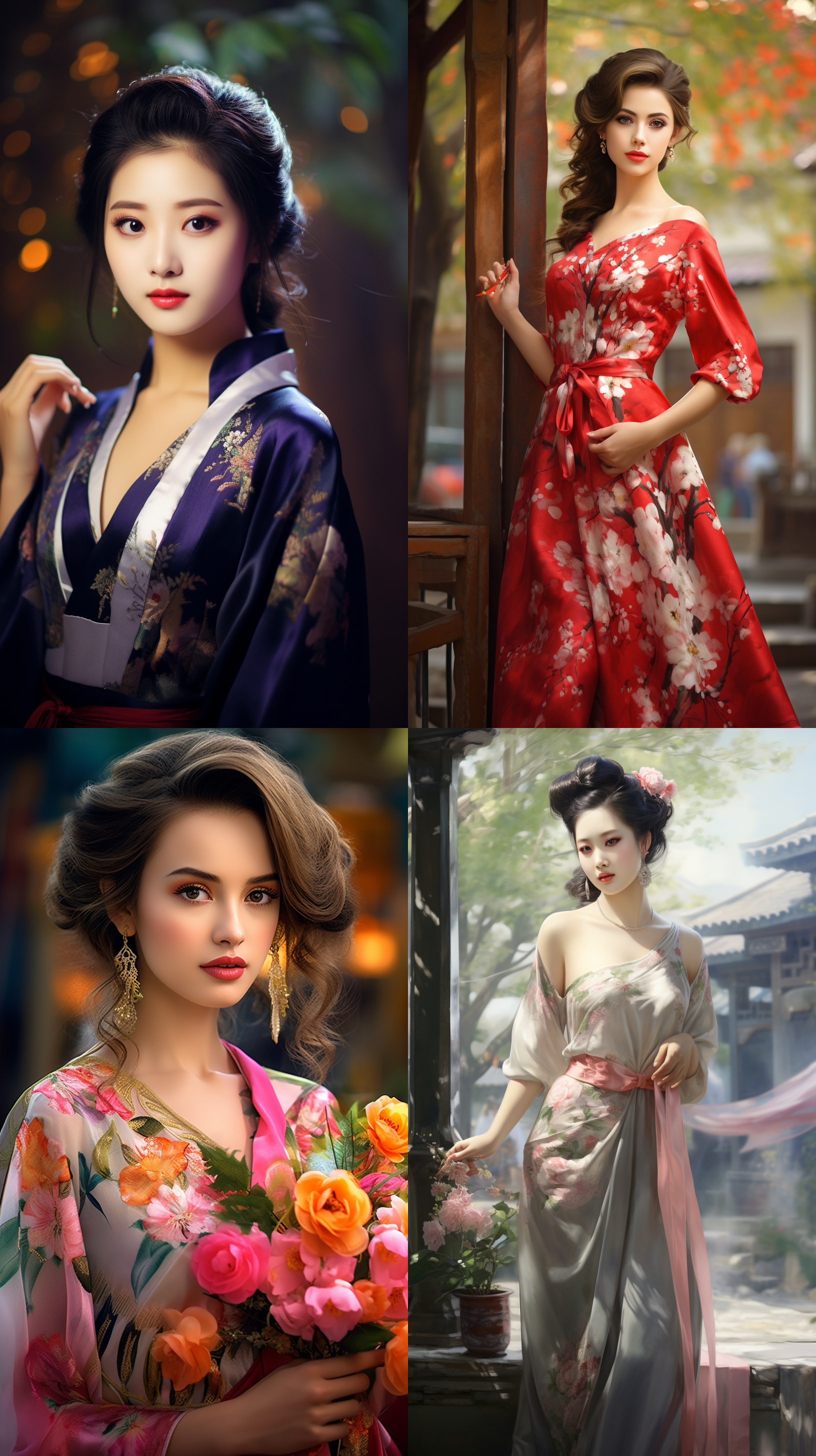 室外拍摄，明亮色调，中国模特穿着古典服装，侧面肖像，柔和光线，中焦镜头，端庄表情，优雅动作，传统元素，油画效果，温暖情感