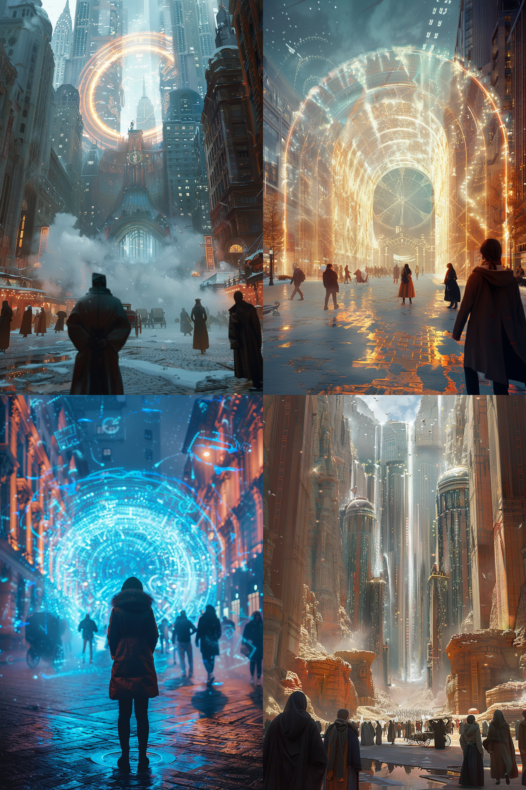 想象一个迷人的场景，一个宏伟、华丽的门户雄伟地矗立在中心，作为现在和过去之间的门槛。该门户的设计非常复杂，带有柔和发光的漩涡图案和符号，照亮了两个世界之间的边界。门户的一侧描绘了当今充满活力、熙熙攘攘的生活——现代城市景观，高耸的摩天大楼、繁忙的街道和专注于日常生活节奏的人们，一切都在晴朗的蓝天下。另一方面，过渡到一个代表过去的丰富、棕褐色调的世界。在这里，鹅卵石街道、马车和老式建筑展现出宁静、怀旧的景观，人们优雅地移动，反映出过去的时代，也许人群中还带有一丝熟悉的面孔，暗示着跨越时间的联系。门户本身就是焦点，一个连接这两个世界的神秘门户，邀请观众步入并探索时间的连续体。飘逸的光线和薄雾在门槛周围盘旋，暗示着这段捕捉瞬间和生活瞬间之间旅程的魔力，强调了我们的过去、现在以及将它们联系在一起的记忆之间的深刻联系。