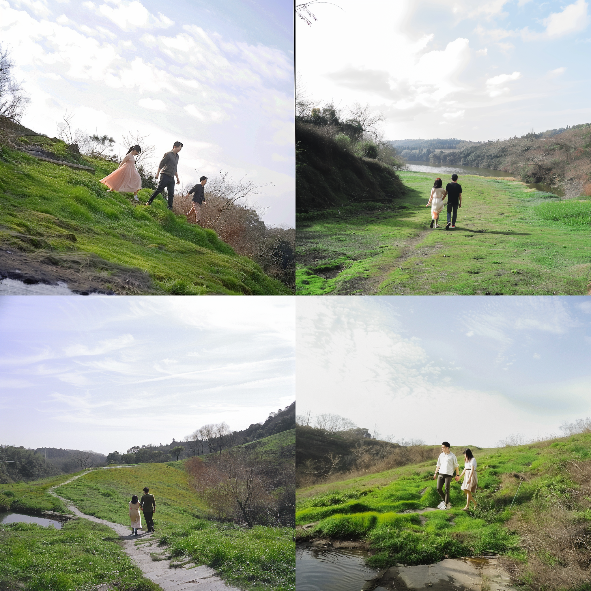 年轻情侣漫步，对称平衡构图，绿草地，蓝天白云，春日阳光，女孩轻盈裙装，笑容灿烂，男孩帅气阳光，中焦距镜头，自然光，温暖色调，放松愉快的情感。 摄影纪实