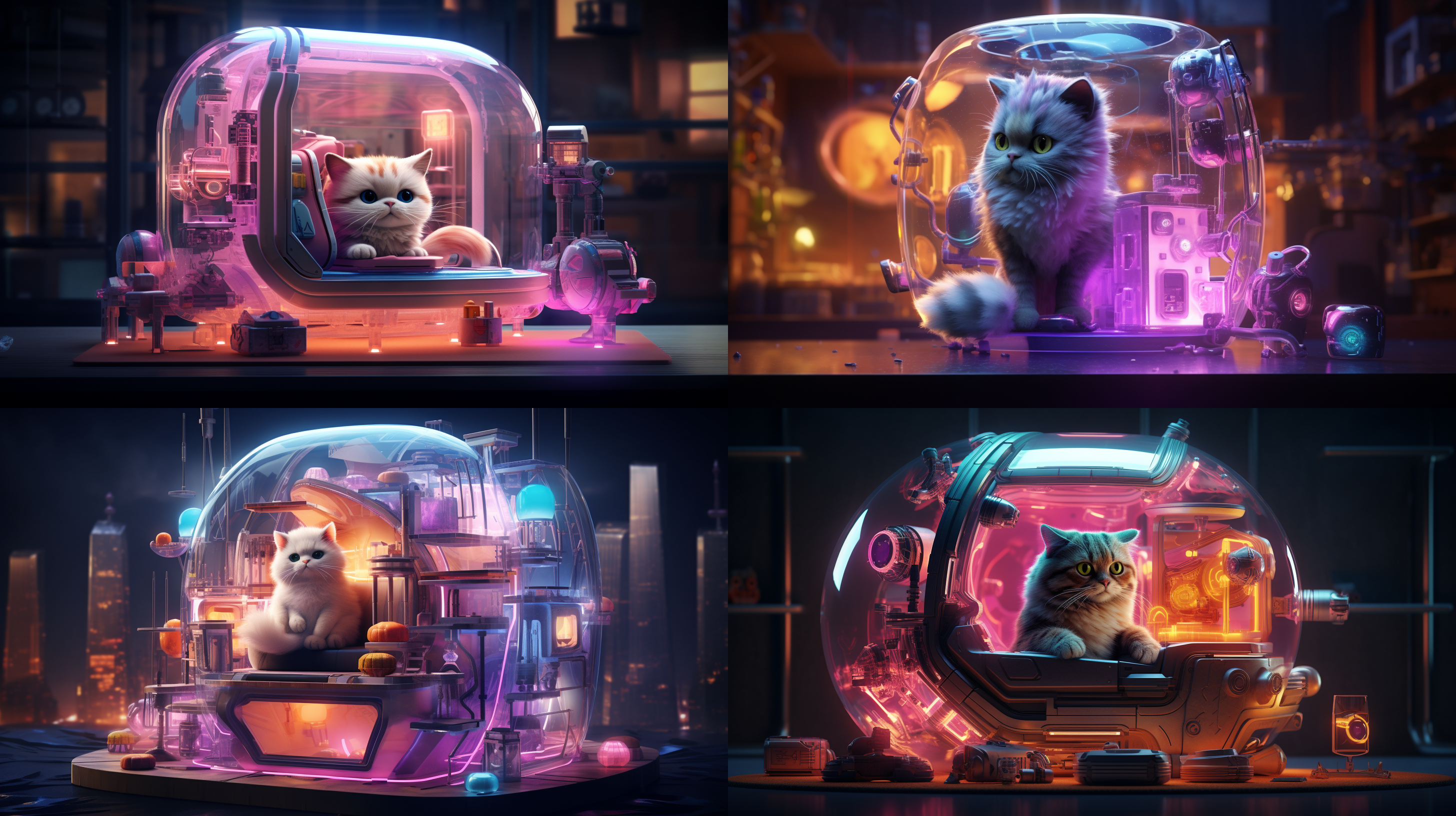 hal的移动城堡，高品质8k壁纸，透明玻璃技术，科幻风格，主题色彩，毛绒玩具猫，现代设计，透明度，未来科技，光影效果，丰富细节，霓虹灯光，宏伟壮丽。
