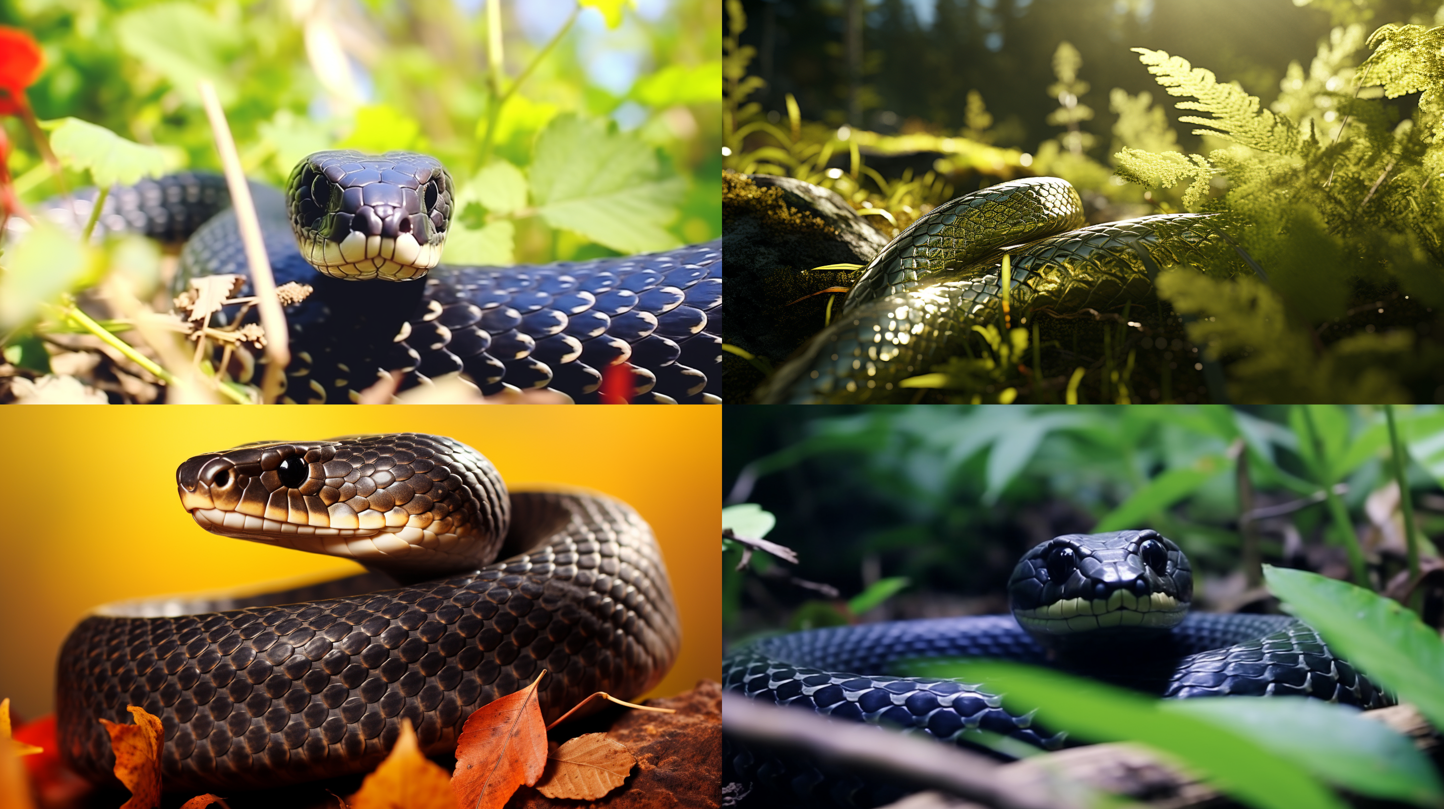 黑色蛇在绿色草地上蜿蜒前进。背景是一片茂密的森林，阳光透过树叶洒在蛇身上，形成美丽的光影效果。蛇身呈现出流线型曲线，眼神凝视前方，显得神秘而威严。自然风格，长焦镜头，自然光，曲线构图，黑白对比，沉静。