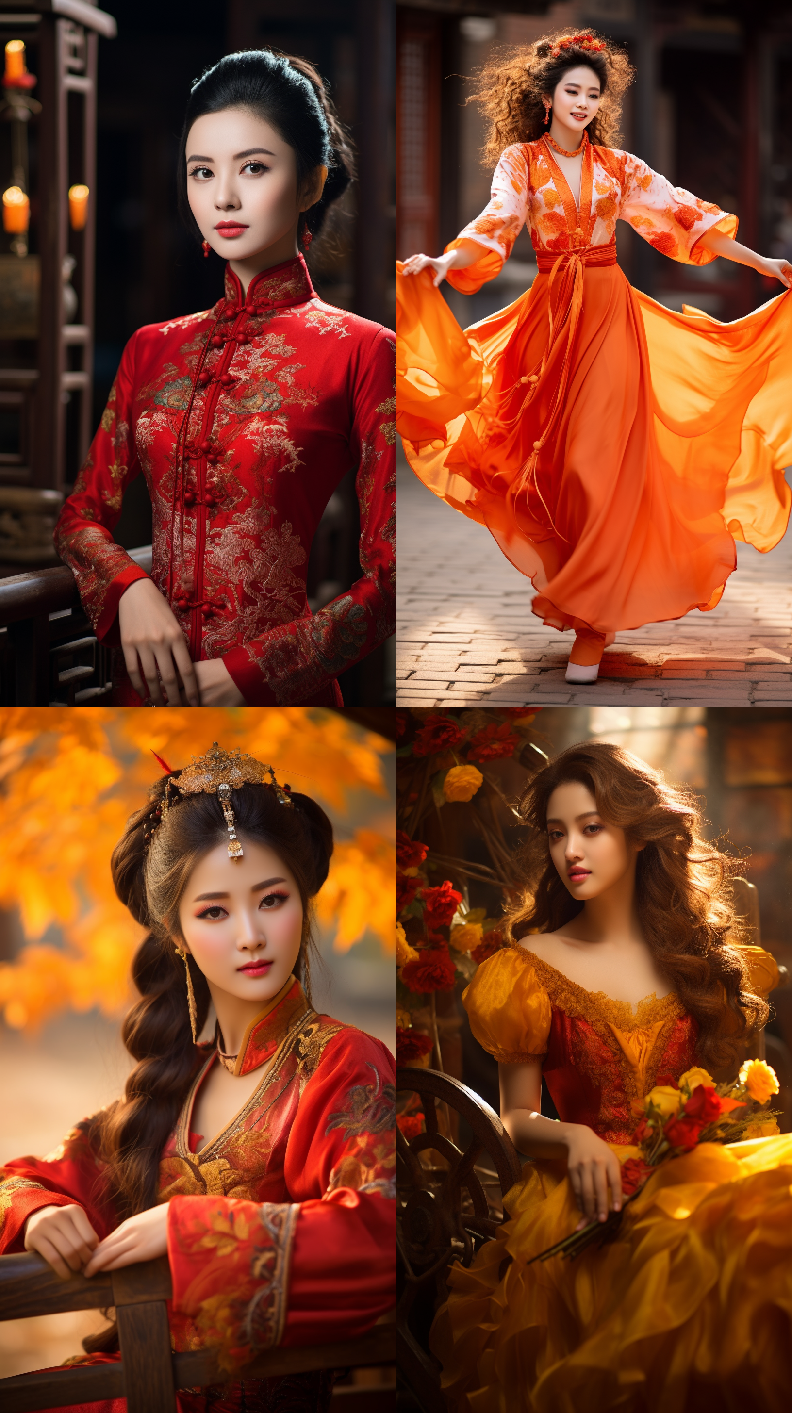 室外拍摄，明亮色调，中国模特穿着古典服装，侧面肖像，柔和光线，中焦镜头，端庄表情，优雅动作，传统元素，油画效果，温暖情感