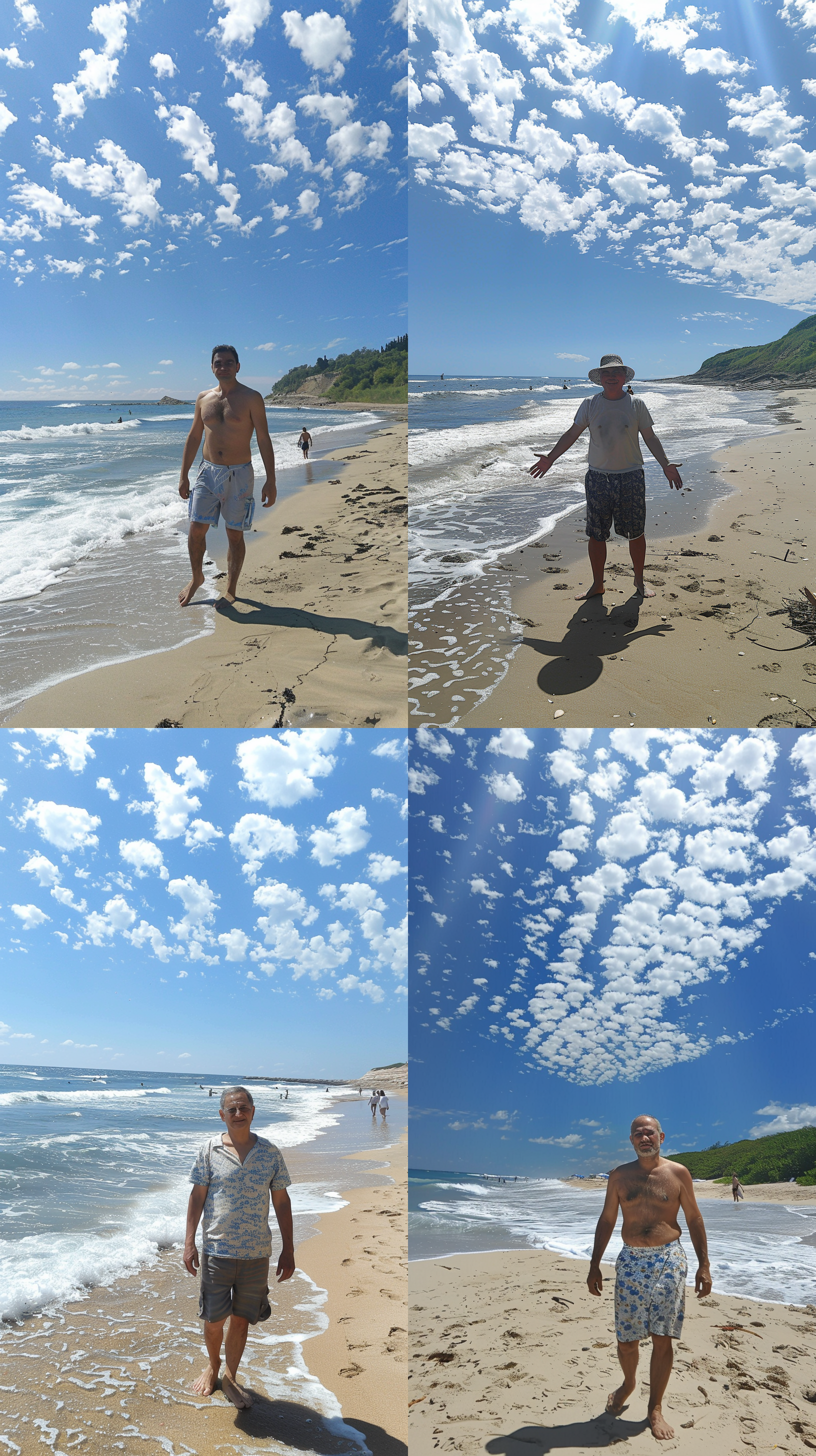 男人在海滩上，蓝天白云，金色沙滩，阳光明媚，他身穿短裤，赤脚在沙滩上行走，面带微笑。大海波光粼粼，远处有几个冲浪者。广角镜头，自然光，轻松愉悦，活力四溢，夏日畅快。 摄影纪实 全身 海滩 太阳光 当代建筑 流行朋克 瞪大眼