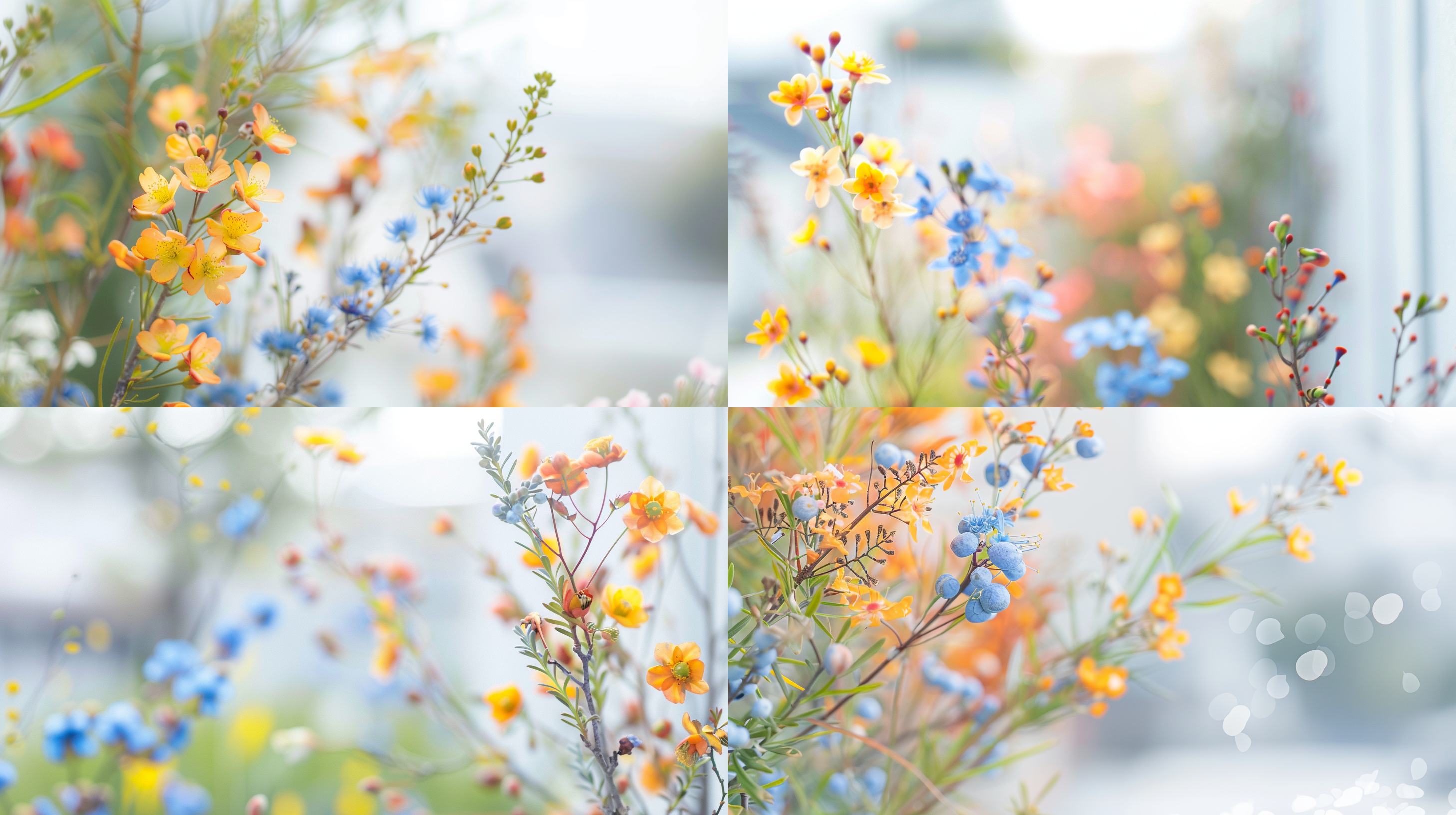 盛开在蓝天下的澳洲腊梅花，蓝色和黄色花朵，草坪延伸到远方。
