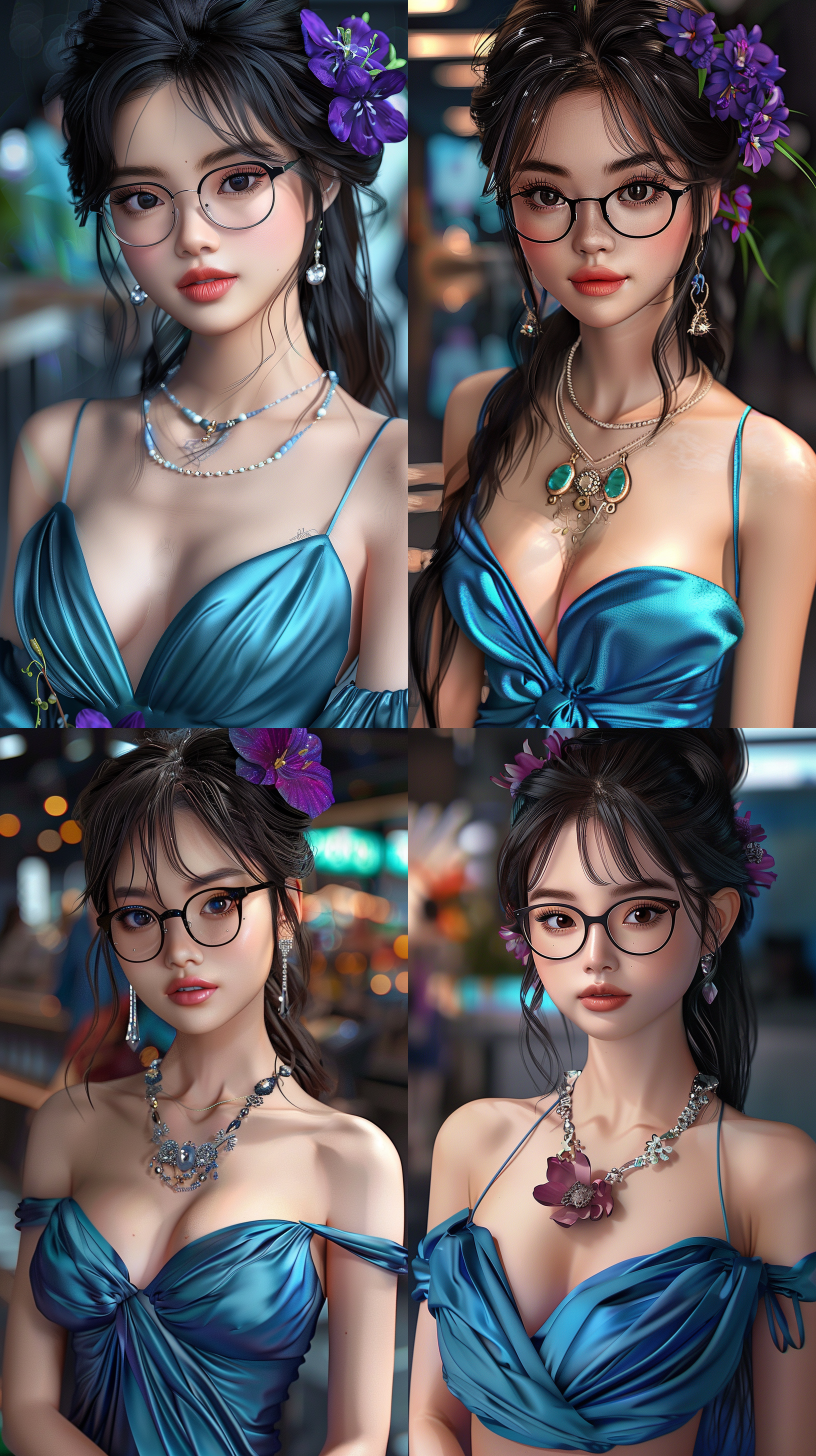 cartoon portrait, a asian young beautiful womanwearing a blue dress, with forals and hat, rococostyle