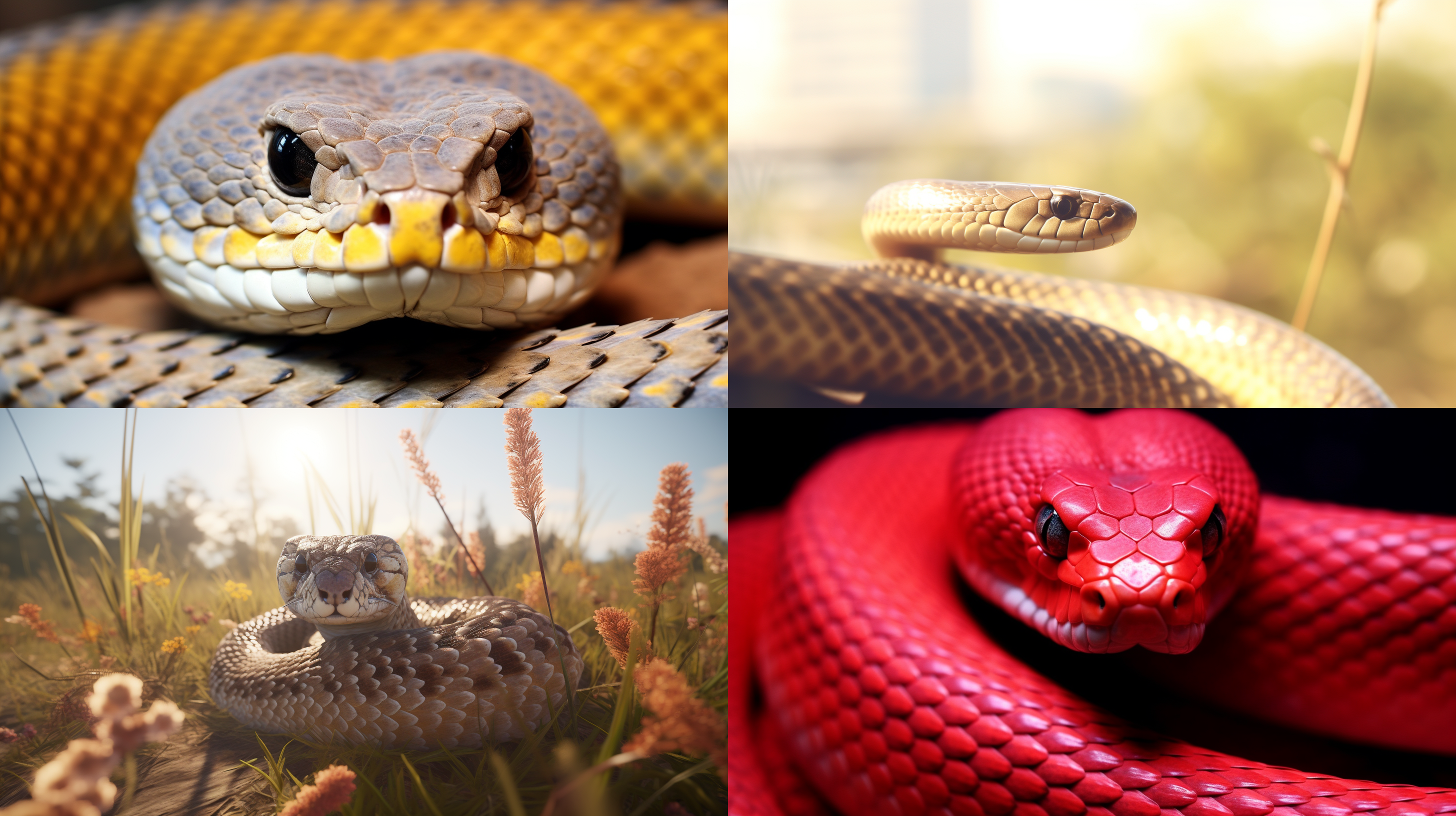 蛇自然环境，日落光线，细节丰富，近景特写，明亮