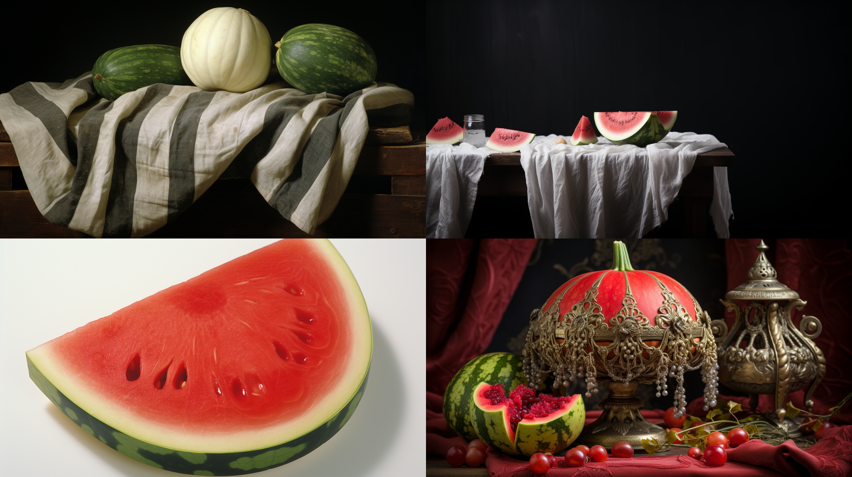 西瓜，白色桌面上，灰布，明亮自然环境