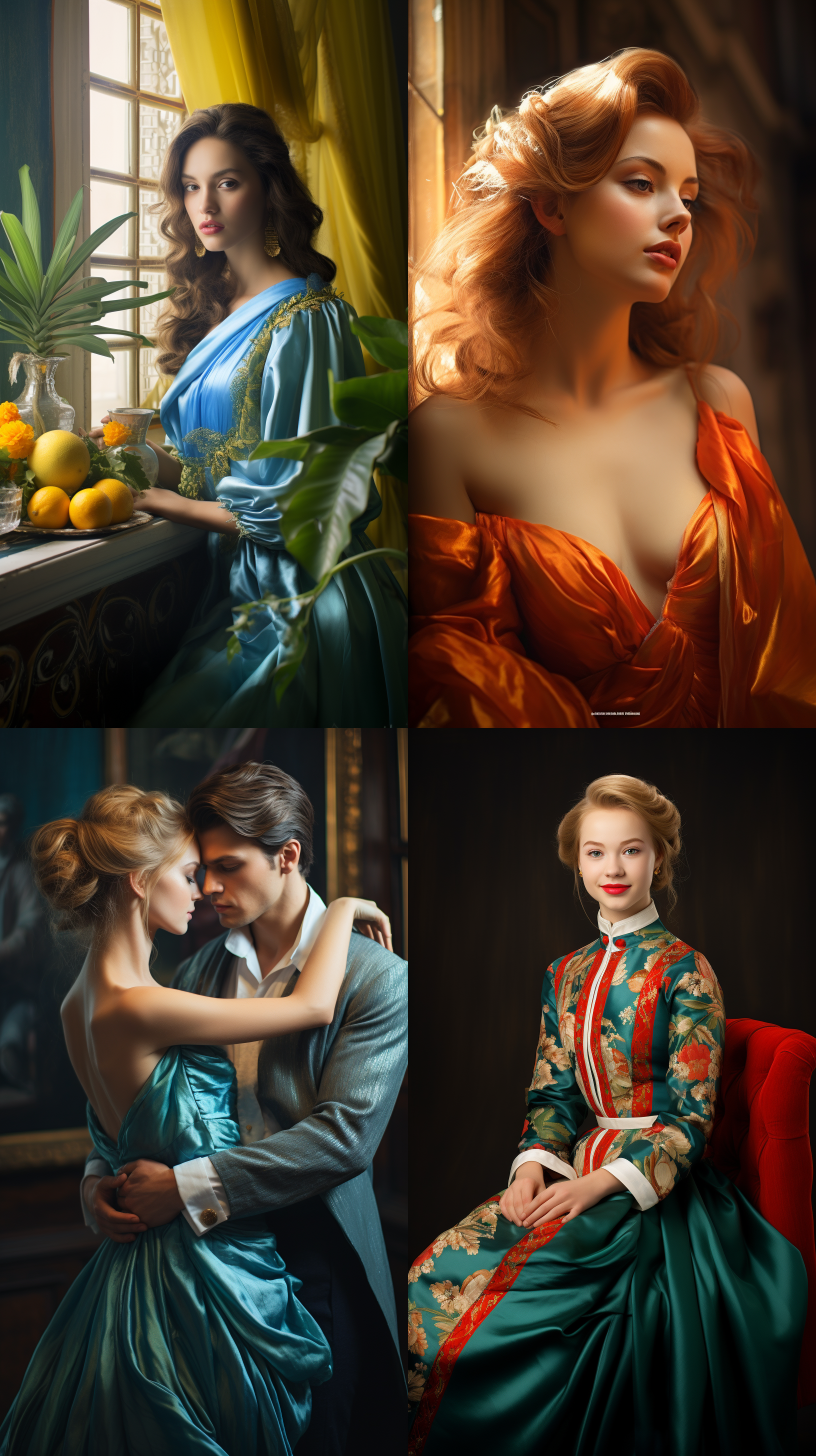 室内拍摄，明亮色调，模特穿着古典服装，侧面肖像，柔和光线，中焦镜头，端庄表情，优雅动作，传统元素，油画效果，温暖情感