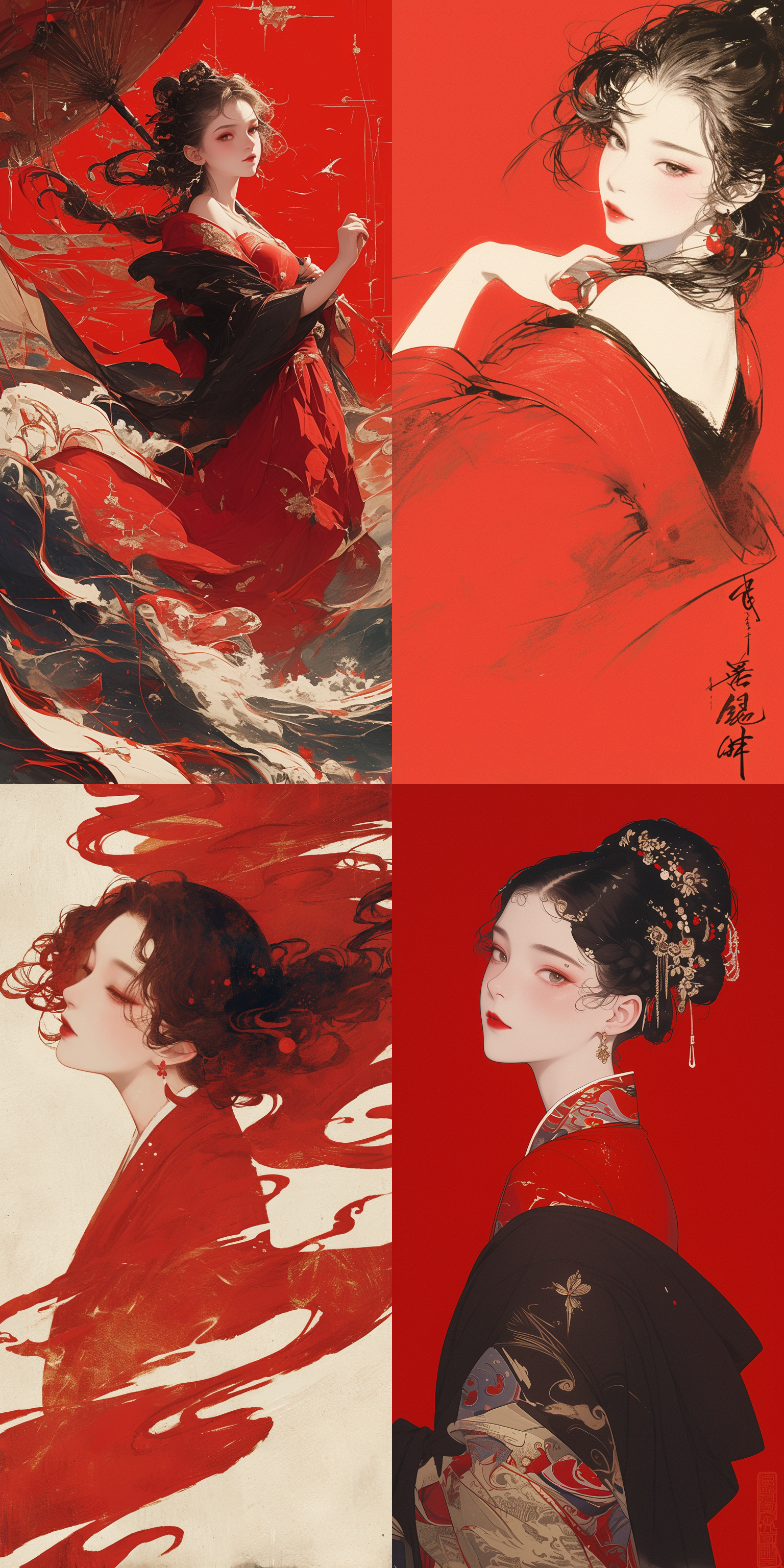 one beauty girl,ancient chinese minimalist painting,disney style,wavy seaside composed of 30 pieces of calligraphy scroll rice paper,pure red background,minimalist paintingbackground,blank composition,facial close-up,looking at viewer,film texture,crazy details,8k,ultra hd