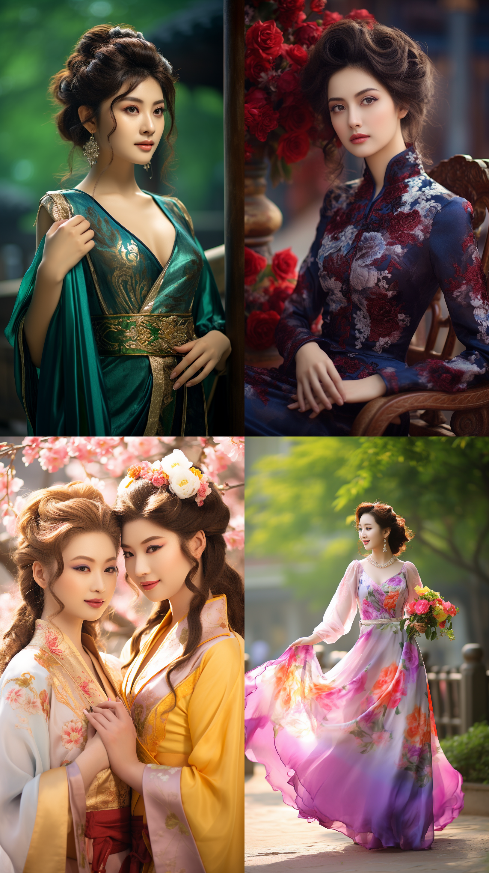 室外拍摄，明亮色调，中国模特穿着古典服装，侧面肖像，柔和光线，中焦镜头，端庄表情，优雅动作，传统元素，油画效果，温暖情感