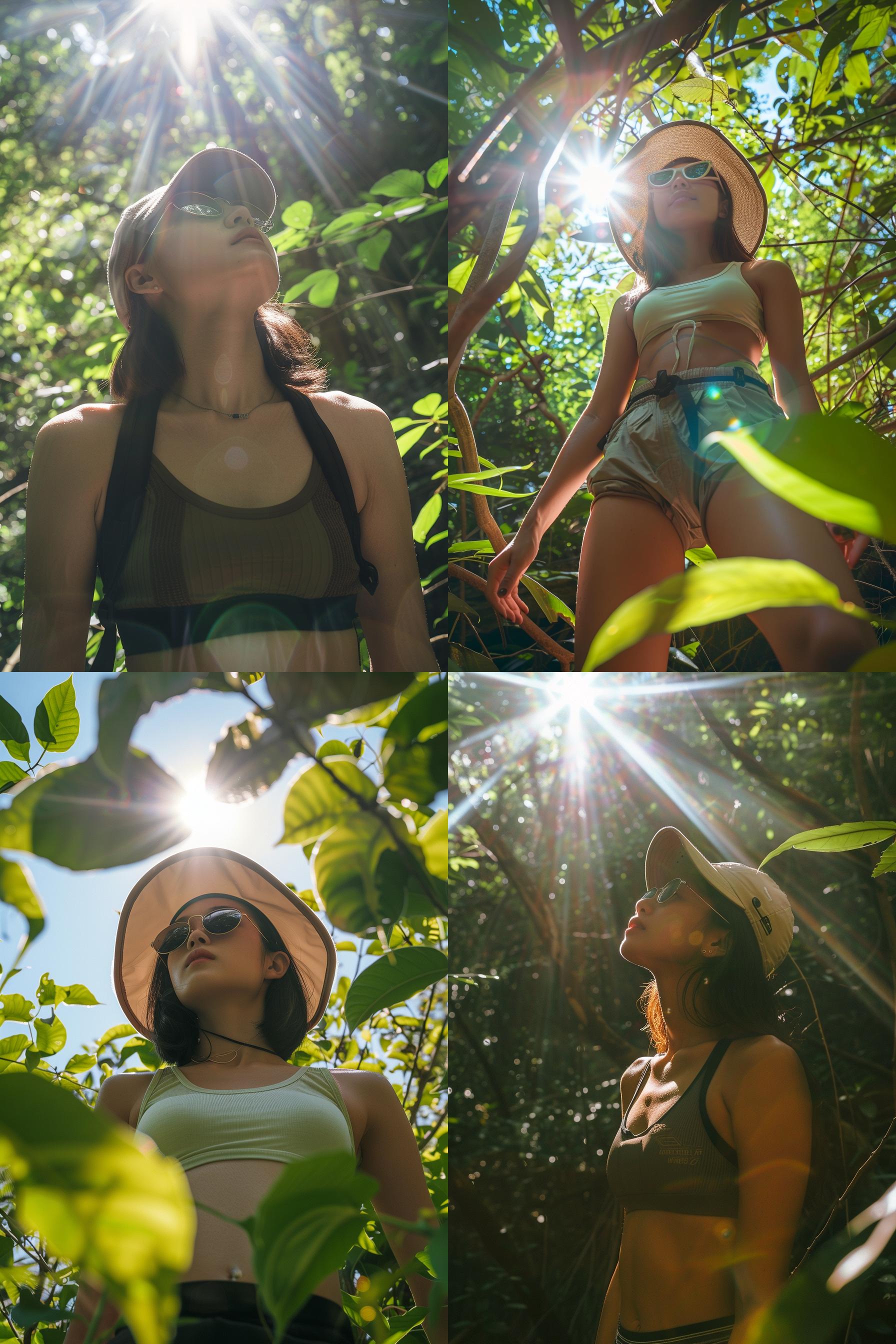 亚洲女孩徒步在户外，皮肤晒得棕褐色，她身穿运动服装，戴着帽子和太阳镜。照片采用远景拍摄，呈现出壮丽的自然风光。阳光透过树叶洒在她身上，给予整个画面一种明亮而活力的感觉。照片使用广角镜头，强调了她的冒险精神和活力。清晰的动作捕捉到她正在迈着坚定的步伐，展现出她对生活的积极态度。户外，运动，徒步，远景，皮肤，斑，亚洲女孩，运动服装，帽子，太阳镜，自然风光，阳光，广角镜头，冒险精神，活力，动作，步伐，积极态度