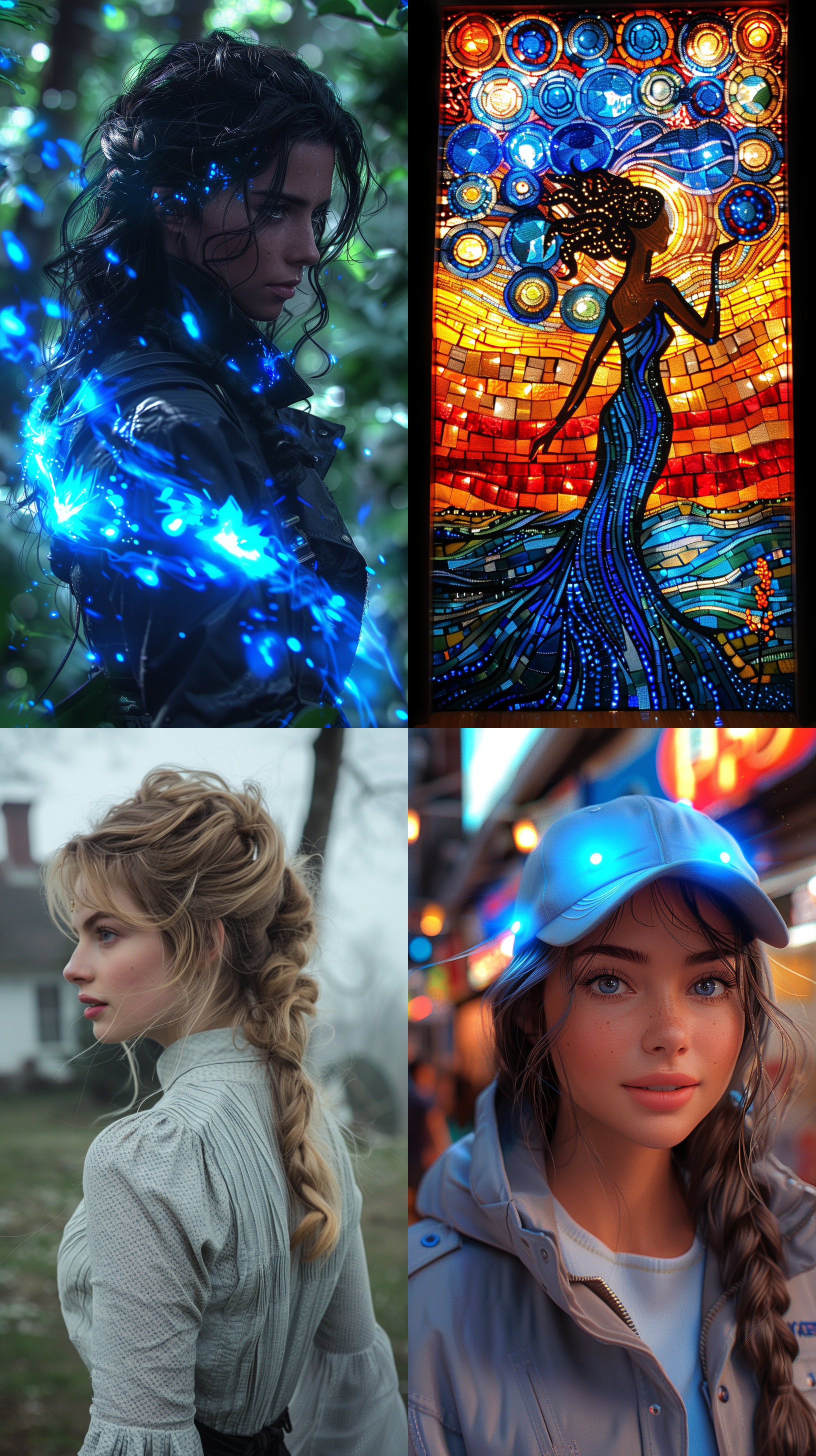 一个留着美丽飘逸头发的女人站在花园里，蓝点灯光旋转，文森特·梵高的绘画风格，点画风格，壮丽的风景，插图，负空间，凹版，艺术，极简主义。