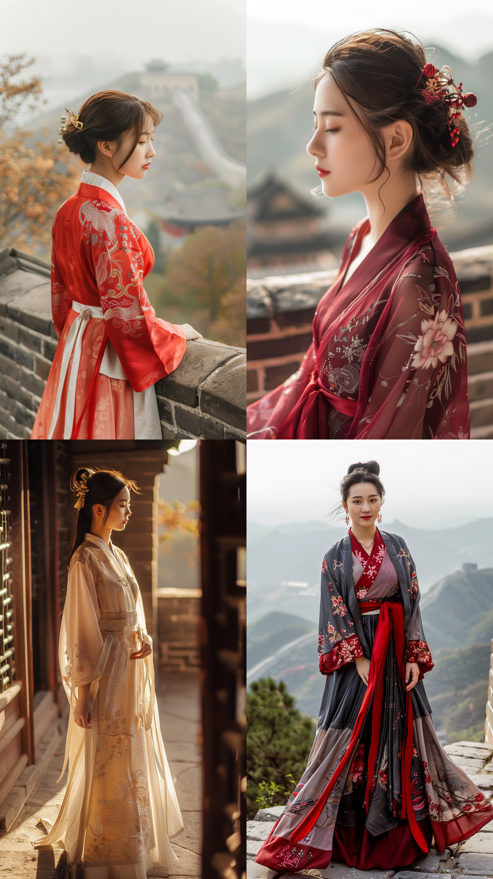 汉服美女，八达岭长城，端庄雍容，80mm镜头，中景，自信，细腻，画面华贵，自然光，站立。