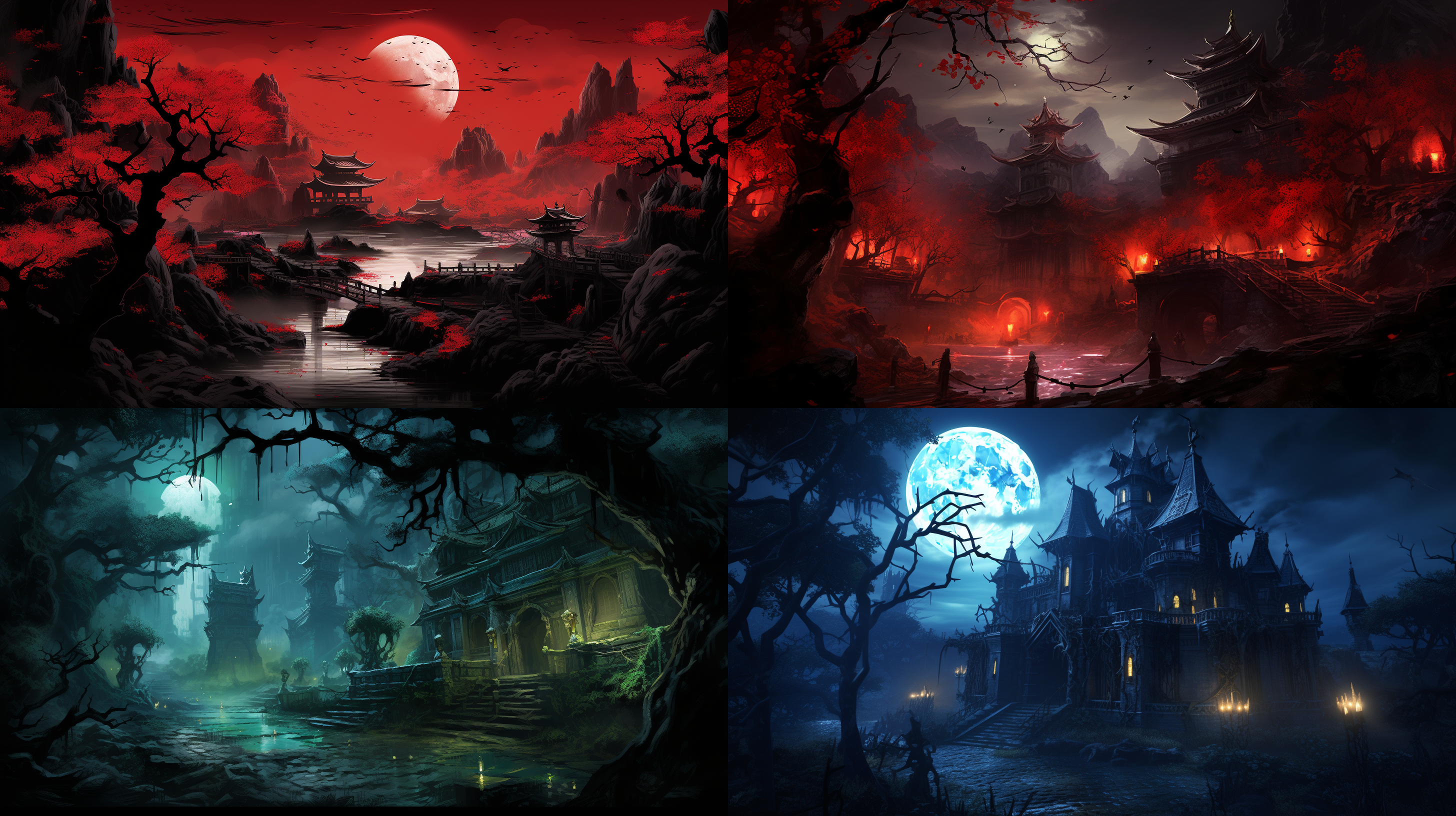 中式恐怖，暗黑童话，荒野中苍茫城堡，树林下闪烁的眼眸，月光映照下，有魔法点缀着远方，百鬼夜行，诡异 全景 鬼屋森林 闪光 化学发光 红楼梦 中式赛博