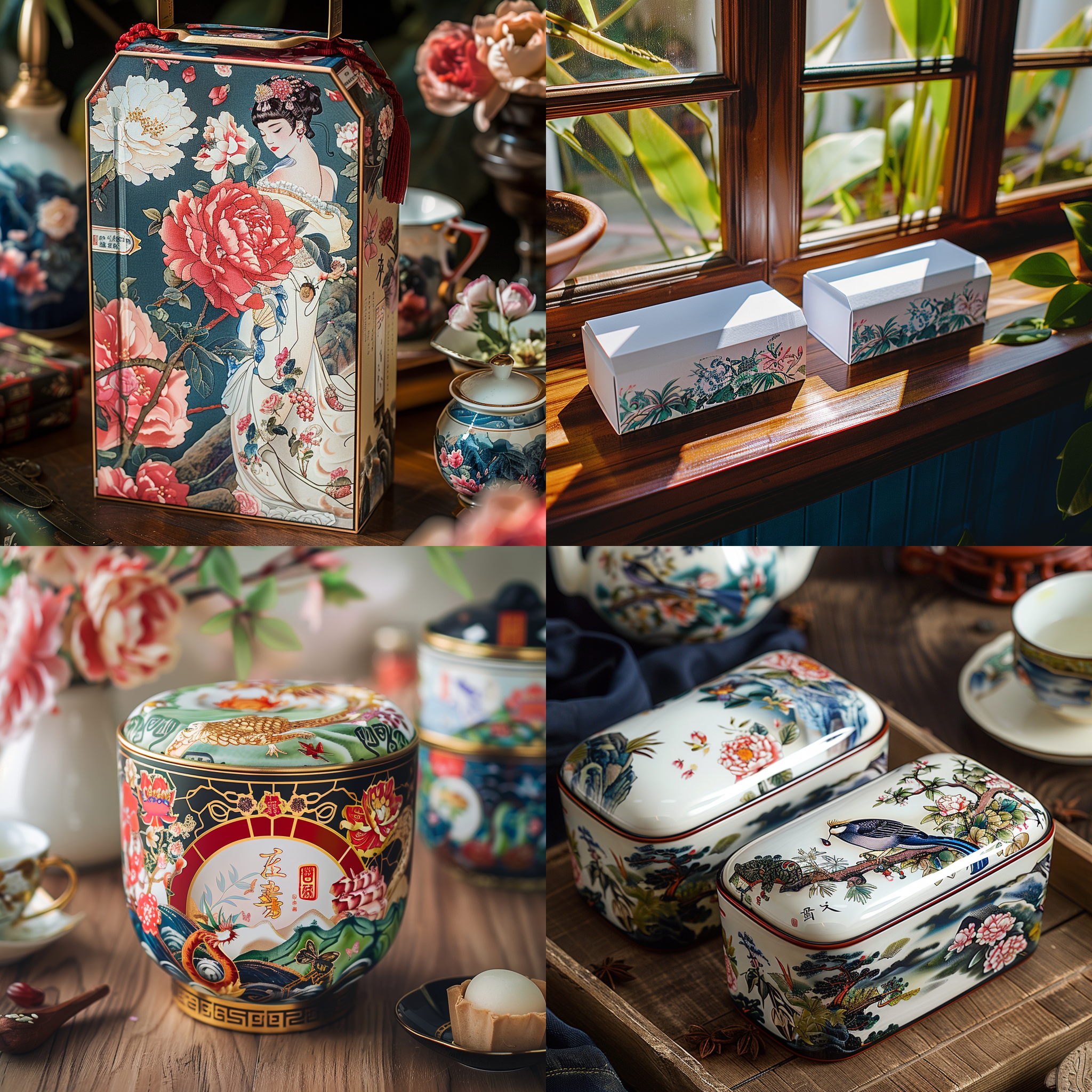 高角度俯视，精美盒子包装摆放在木质桌面上，简洁布景，明亮色调，细节突出，静态，静谧，微距镜头，自然光线，细致纹理，优雅。