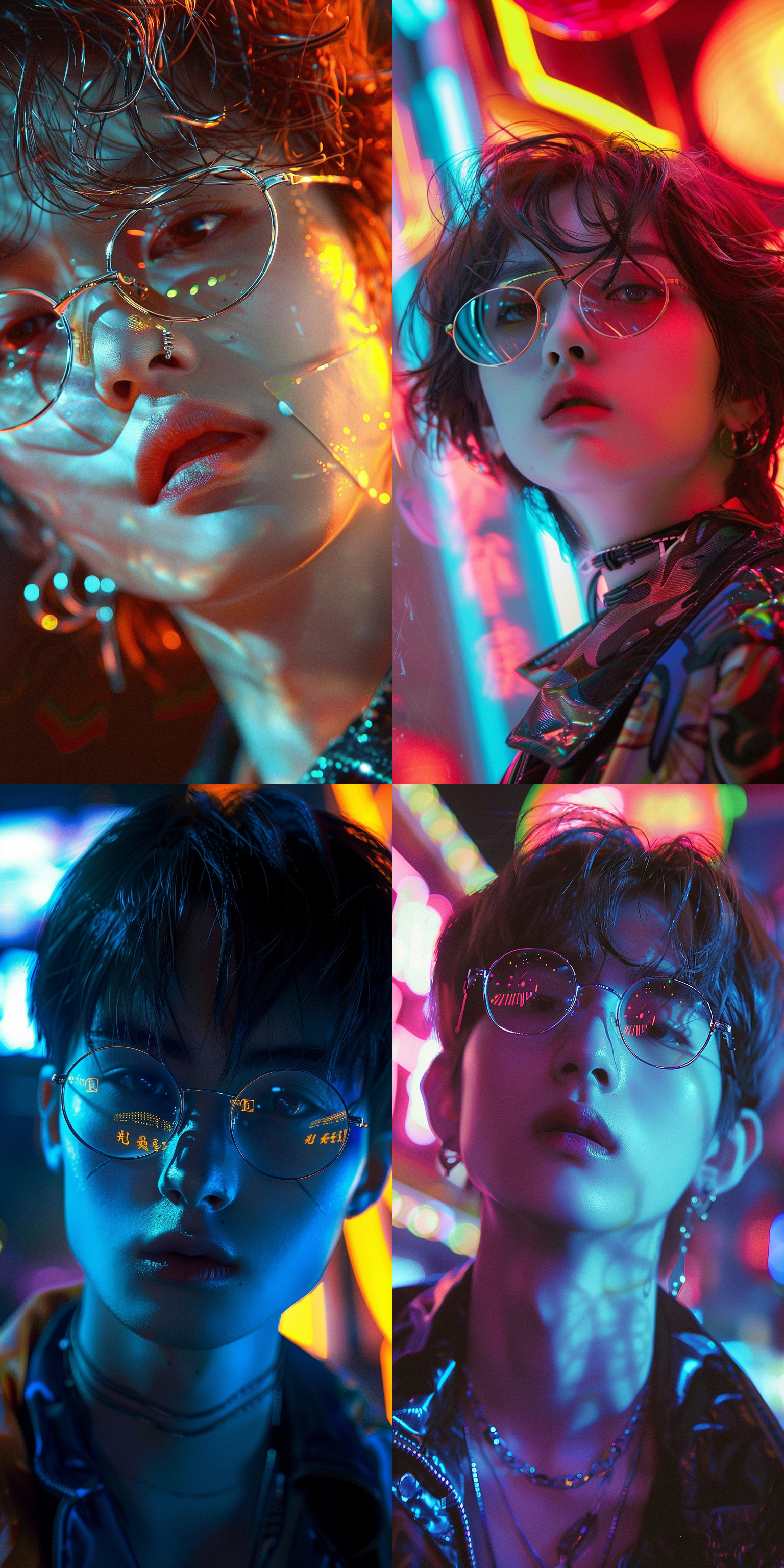 赛博朋克国潮风，摄影大赛，超帅男生(高级精致的面容 id)，短发，空气刘海发型，炫酷眼镜，朋克衣服，色彩鲜艳，明亮的光线，正面视角，特写，超精细，超清晰度，超高分辨率，超高品质，超高质量，超高清，32k