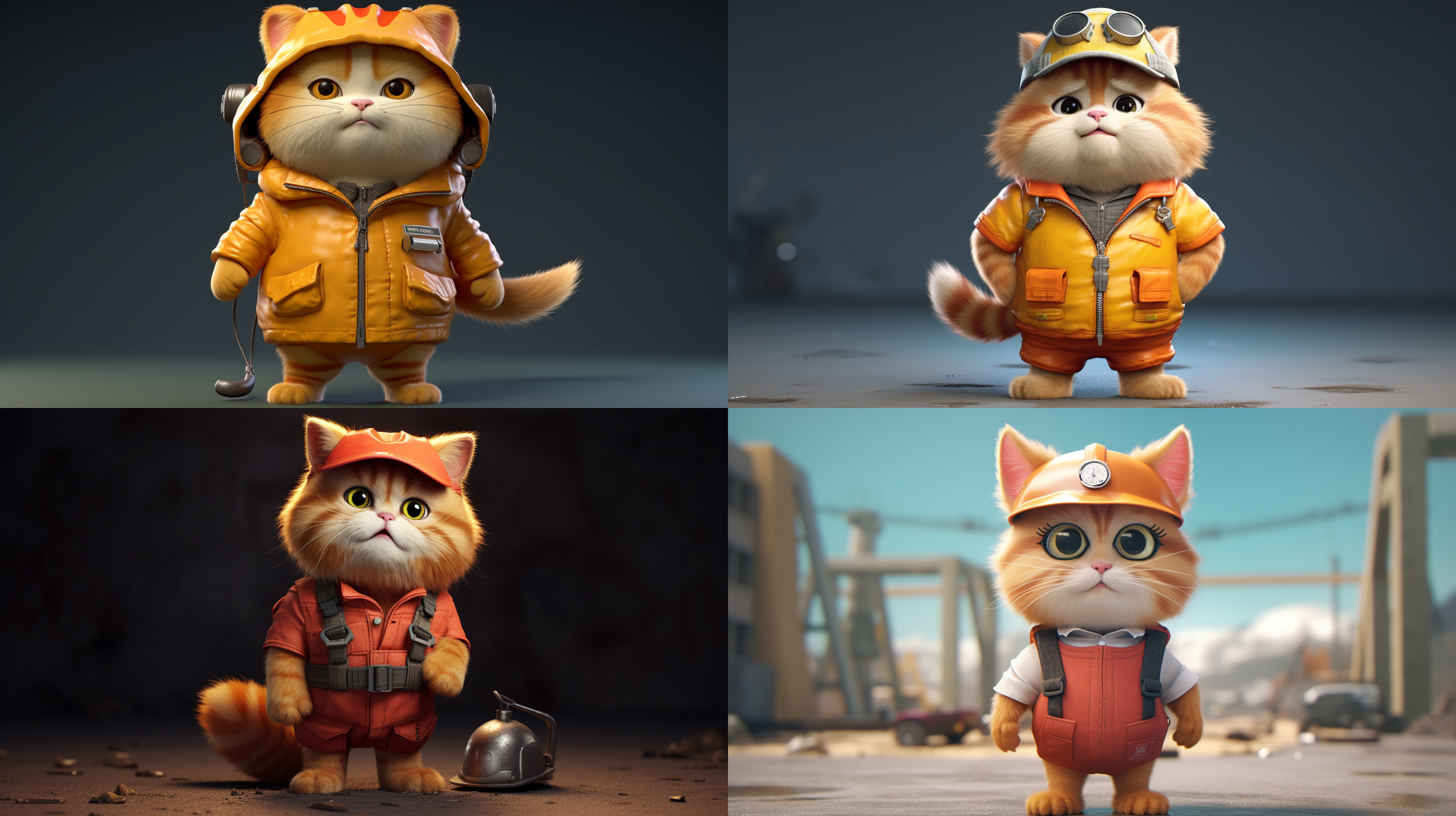 橘猫穿着胖嘟嘟的工作服，可爱而憨憨的表情。漫画形象与3d效果相结合，呈现出电影质感。