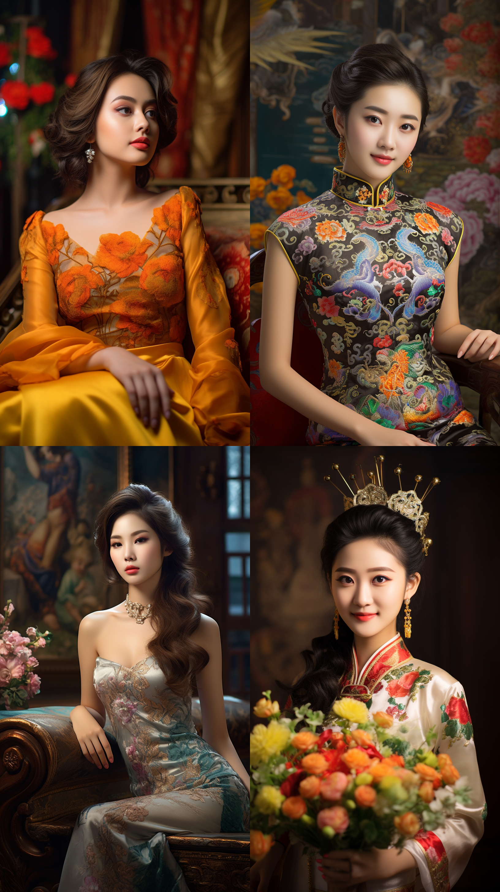 室内拍摄，明亮色调，中国模特穿着古典服装，侧面肖像，柔和光线，中焦镜头，端庄表情，优雅动作，传统元素，油画效果，温暖情感