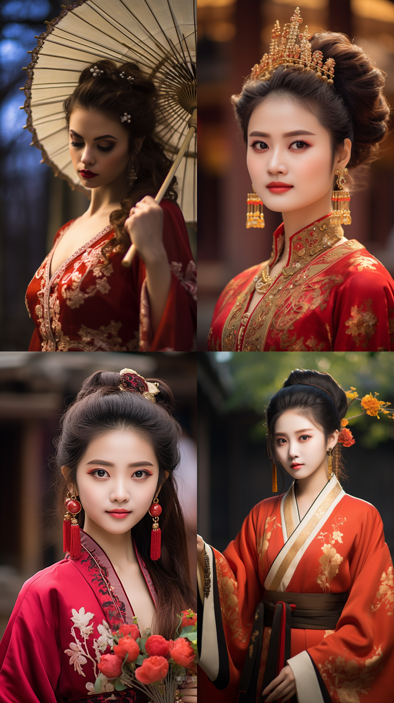 室外拍摄，明亮色调，中国模特穿着古典服装，侧面肖像，柔和光线，中焦镜头，端庄表情，优雅动作，传统元素，油画效果，温暖情感