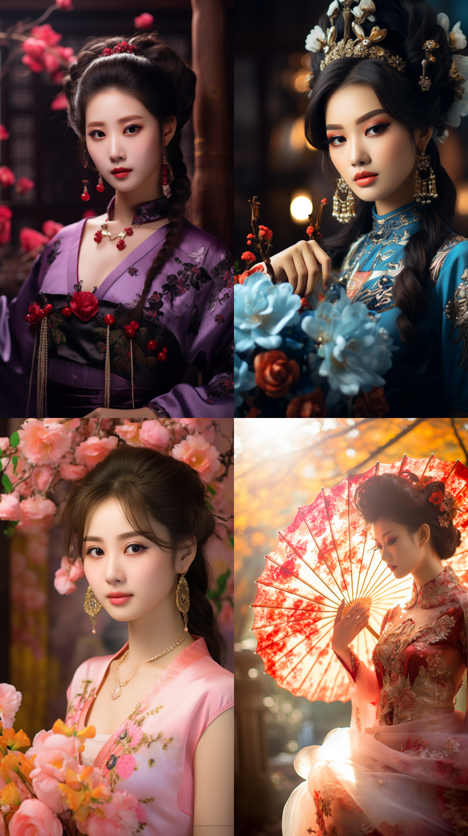 室外拍摄，明亮色调，中国模特穿着古典服装，侧面肖像，柔和光线，中焦镜头，端庄表情，优雅动作，传统元素，油画效果，温暖情感