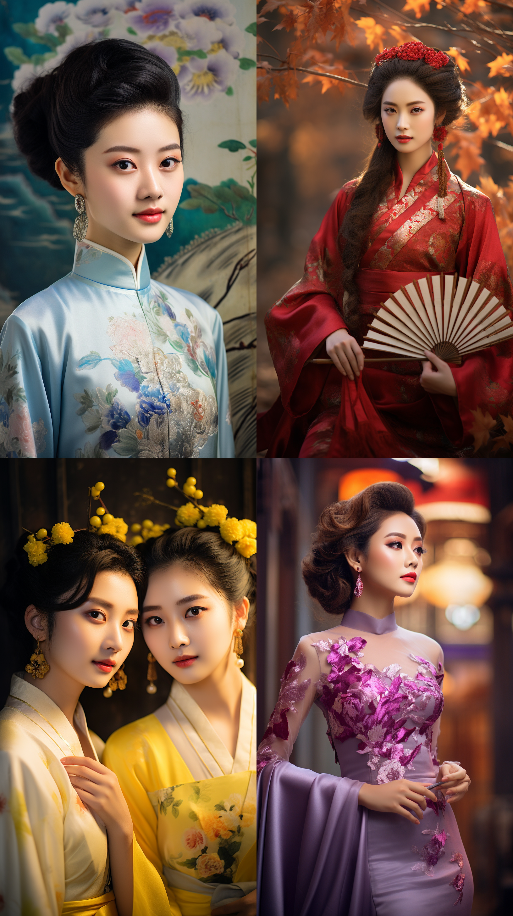 室外拍摄，明亮色调，中国模特穿着古典服装，侧面肖像，柔和光线，中焦镜头，端庄表情，优雅动作，传统元素，油画效果，温暖情感