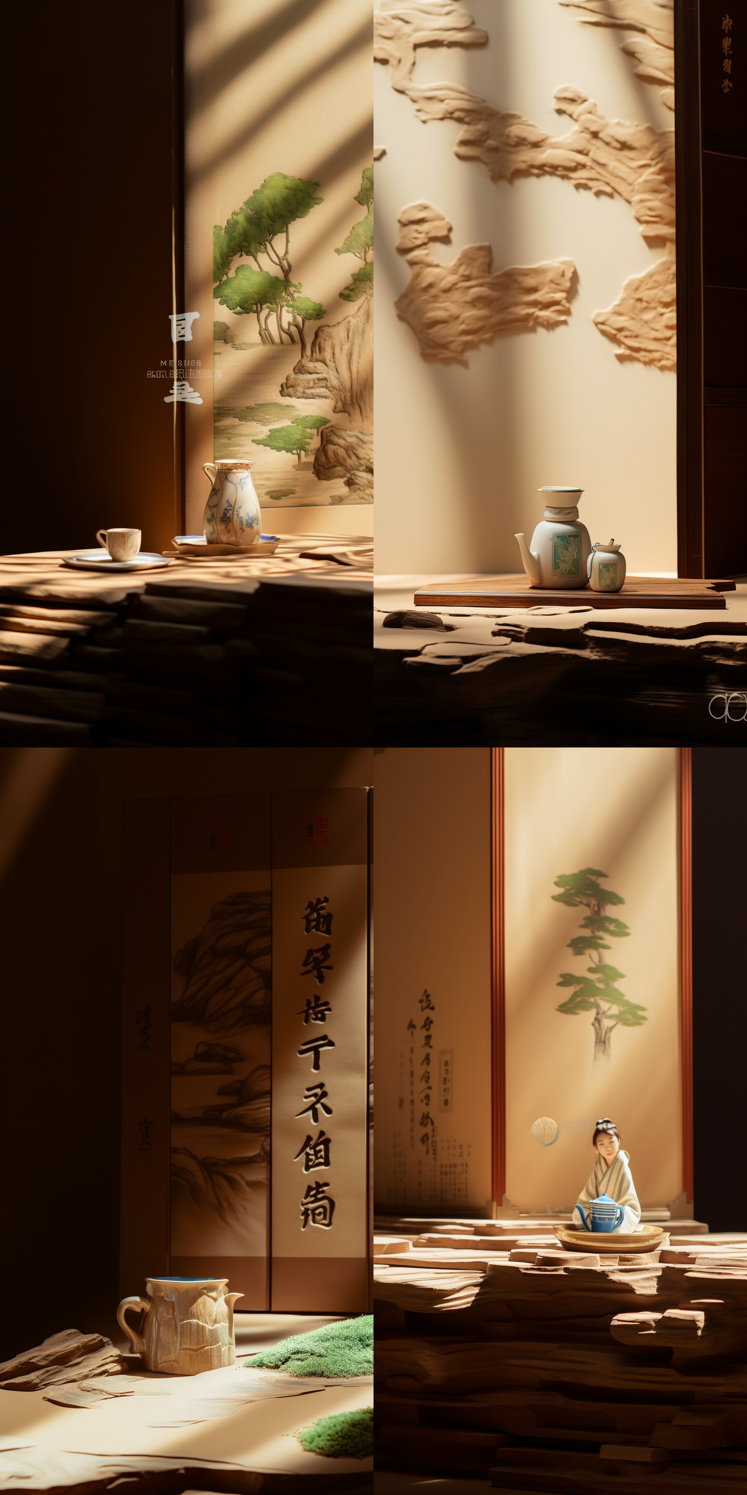 茶室里，一位优雅女士穿着传统和服，悠闲品茶。对角线构图，柔和侧光，暖色调，细节丰富，静态动作，典雅氛围，传统风情，折射光线，抑制明暗对比。 超现实主义 金字塔 长焦拍摄 暖棕 木纹 明亮的 现代中式 移动界面 园林