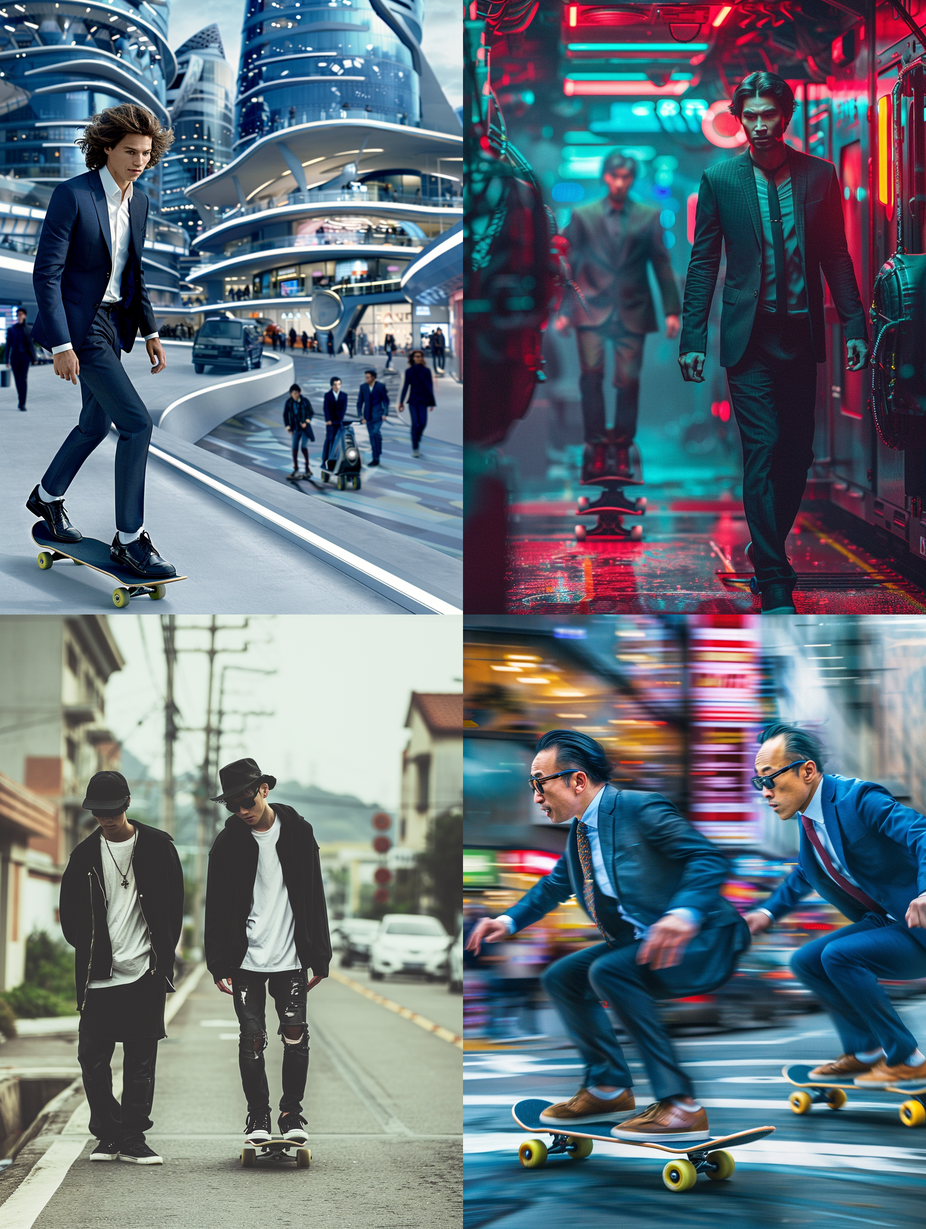 两个英俊的亚洲男子，穿着西装，挽起袖子展现肌肉，滑板在未来科技场景中，时尚杂志拍摄。逼真的摄影风格，丰富细节，高清画质，环境充满未来感，灯光炫目。动作流畅，色彩鲜明，表情自信。