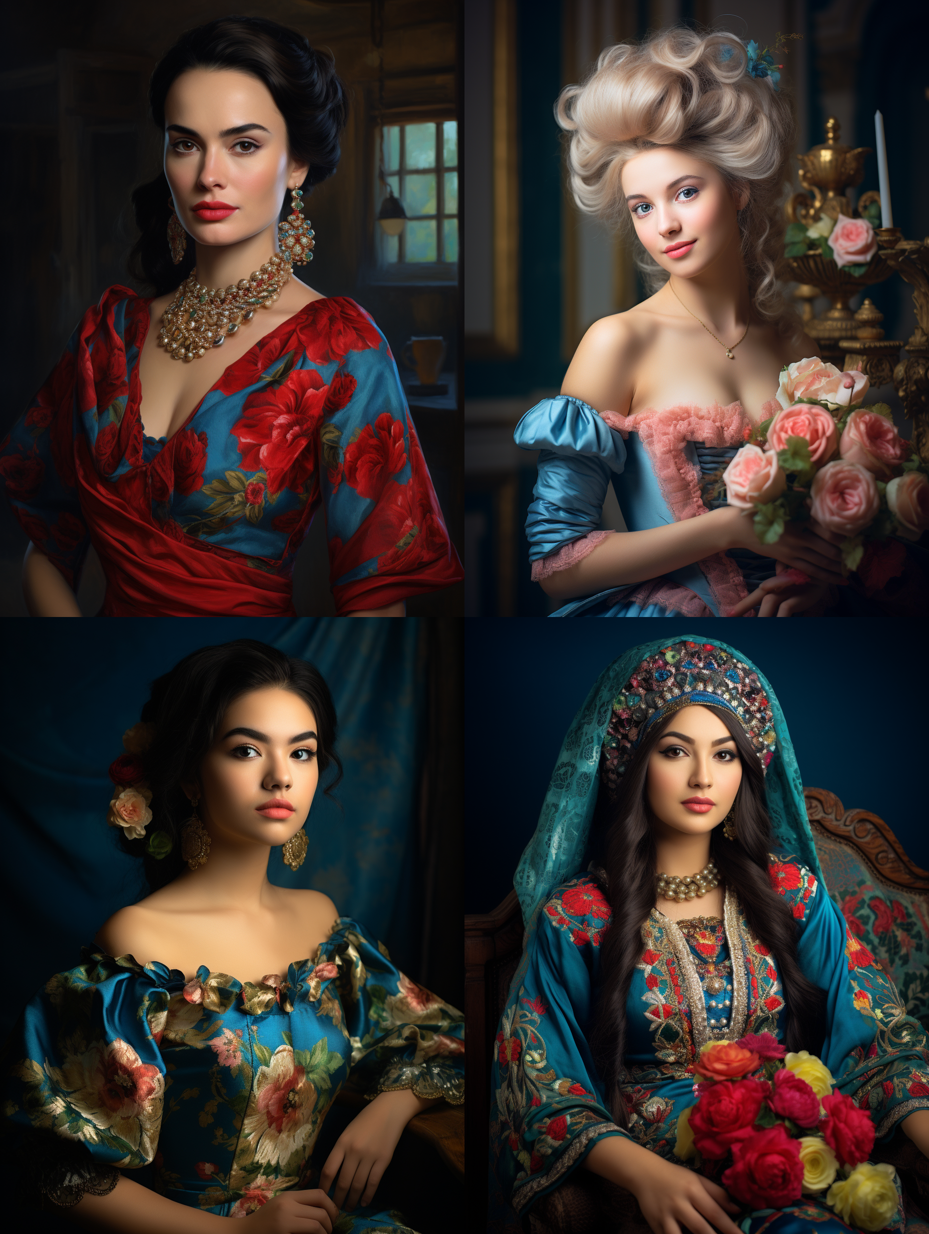 室内拍摄，明亮色调，模特穿着古典服装，侧面肖像，柔和光线，中焦镜头，端庄表情，优雅动作，传统元素，油画效果，温暖情感