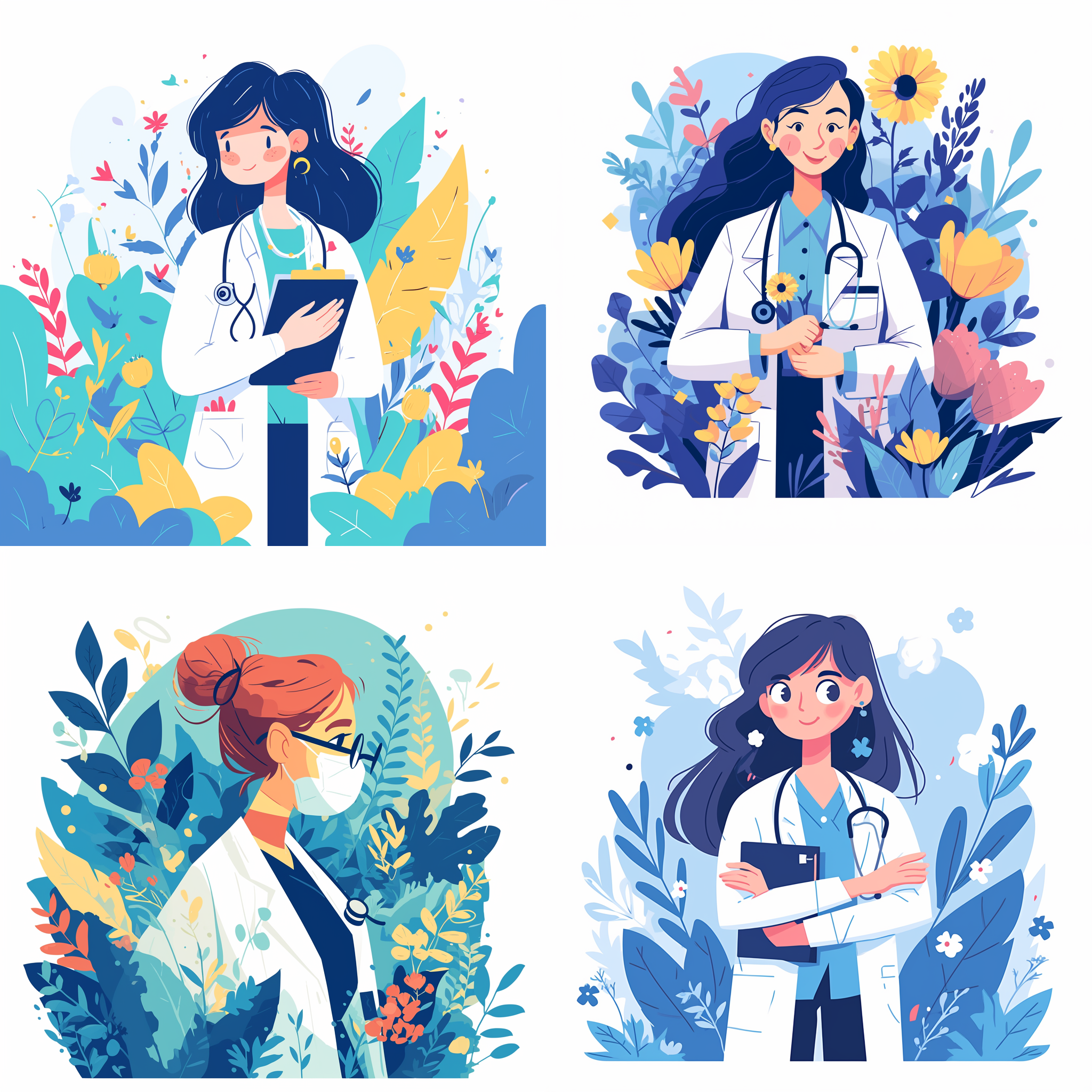 女医生插图，抽象设计，扁平设计风格，蓝色调，优美植物，丝带，浅色背景，高分辨率矢量，3:2纵横比，尼康5号。