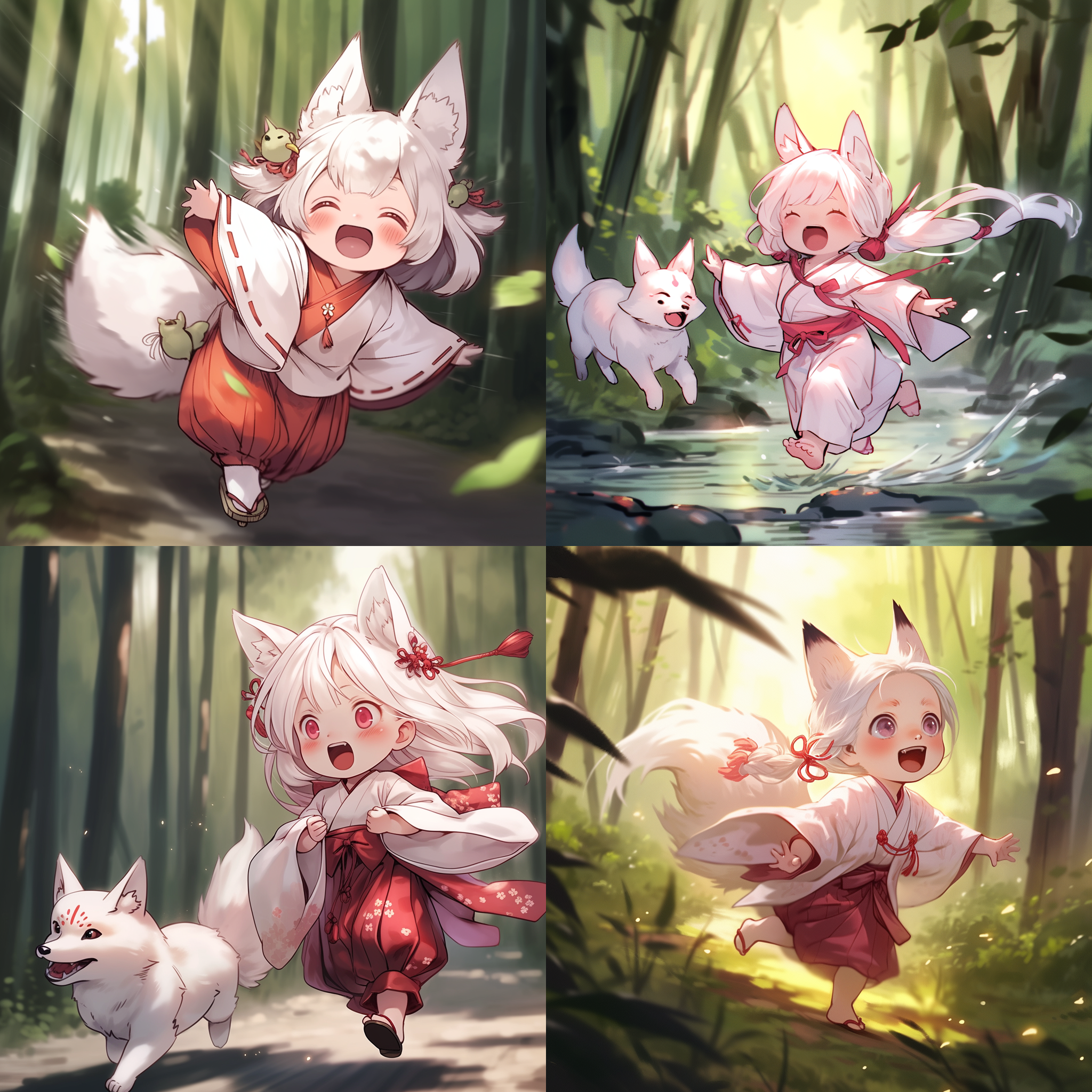 一个可爱的 2 岁小女孩，白狐，表情开心，穿着粉白色汉服，在奔跑，背景森林，工笔画，侧光，闪亮有光泽，流畅平滑的线条，细节丰富，