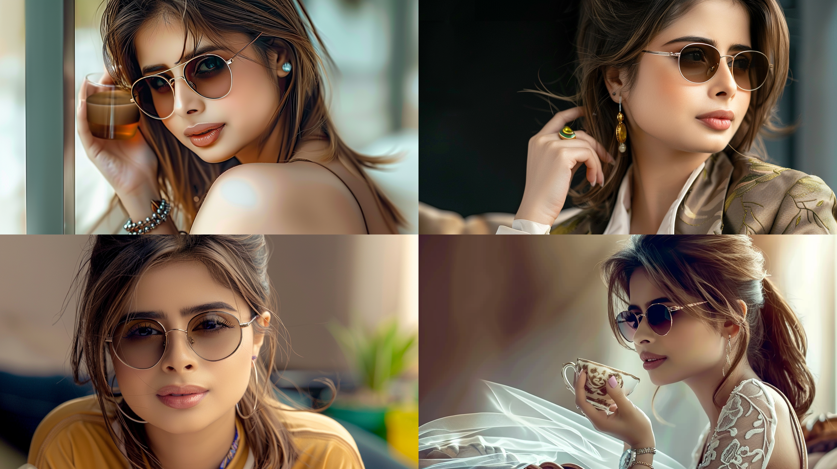 法国美女喝咖啡，纤细腰肢，冷漠表情，中性套装，显眼饰品，白皙肤色，棕色短发，蓝色眼睛，沙发上，高傲姿态，红润嘴唇，对焦主题，复古风格，柔和光线，中长焦镜头，优雅。