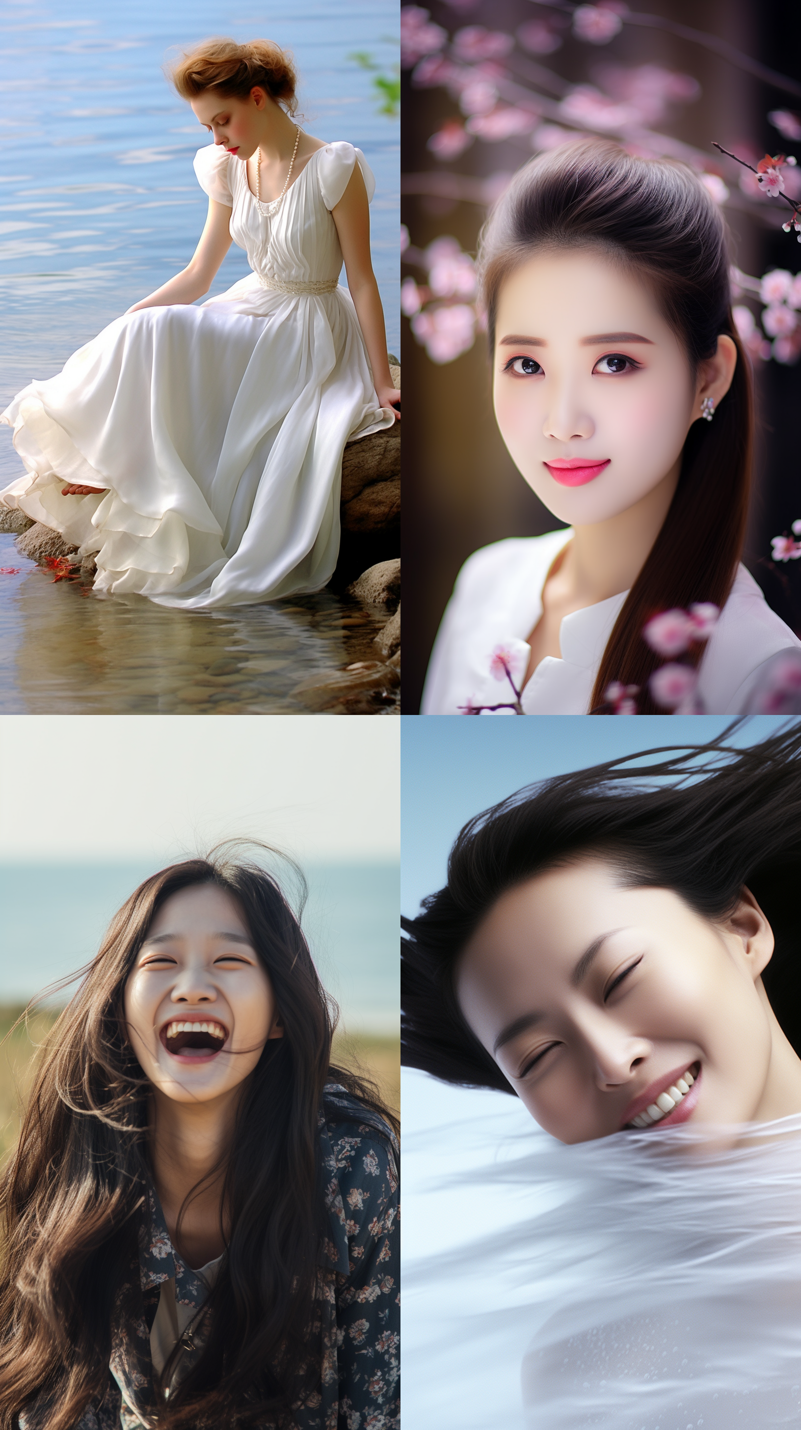 中国模特，夏日海滩摄影，沙滩上，活泼笑容，清晰明亮，户外环境