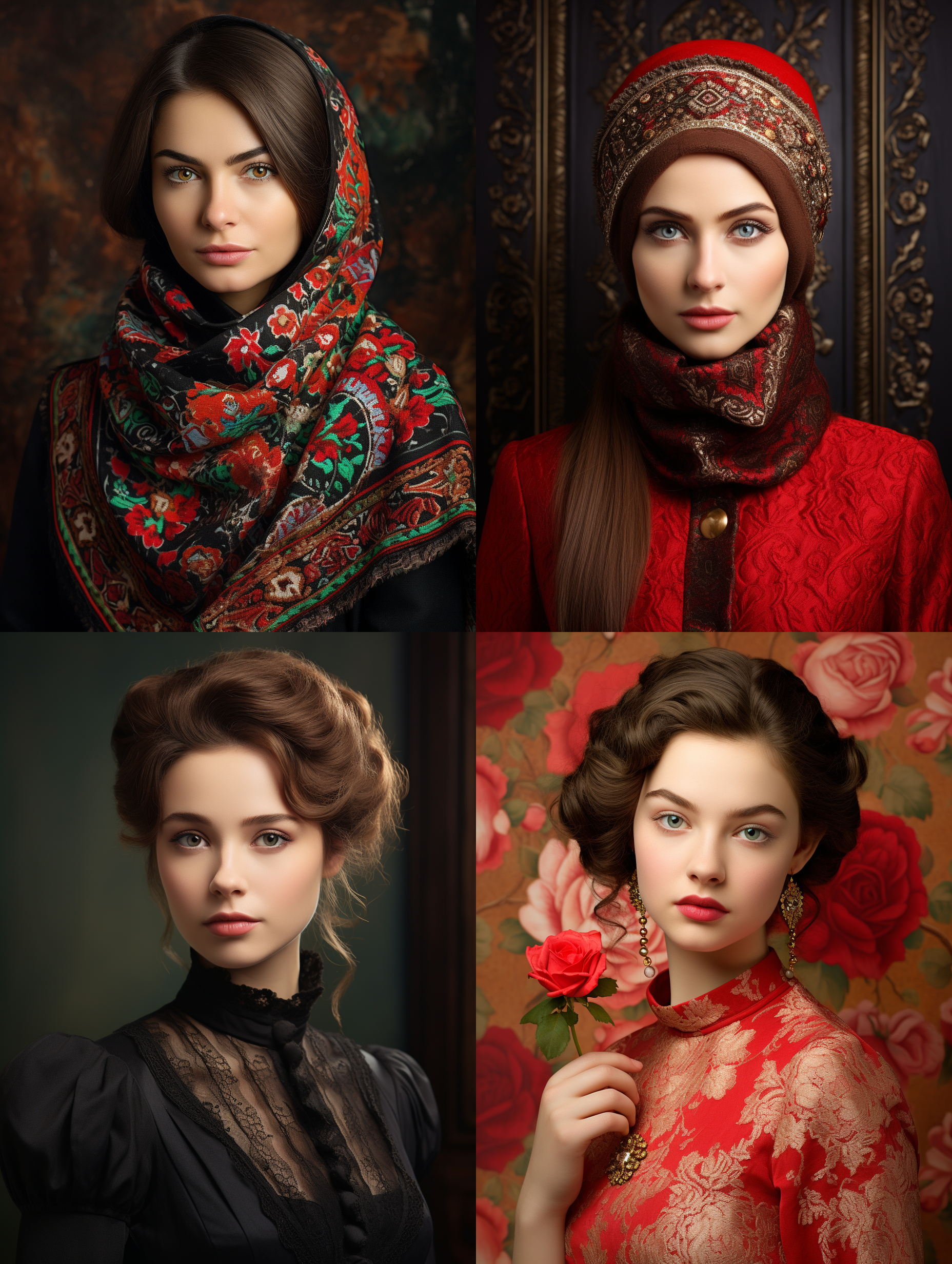 画框创意素材，复古相框，室内拍摄，明亮色调，模特穿着古典服装，侧面肖像，柔和光线，中焦镜头，端庄表情，优雅动作，传统元素，油画效果，温暖情感。