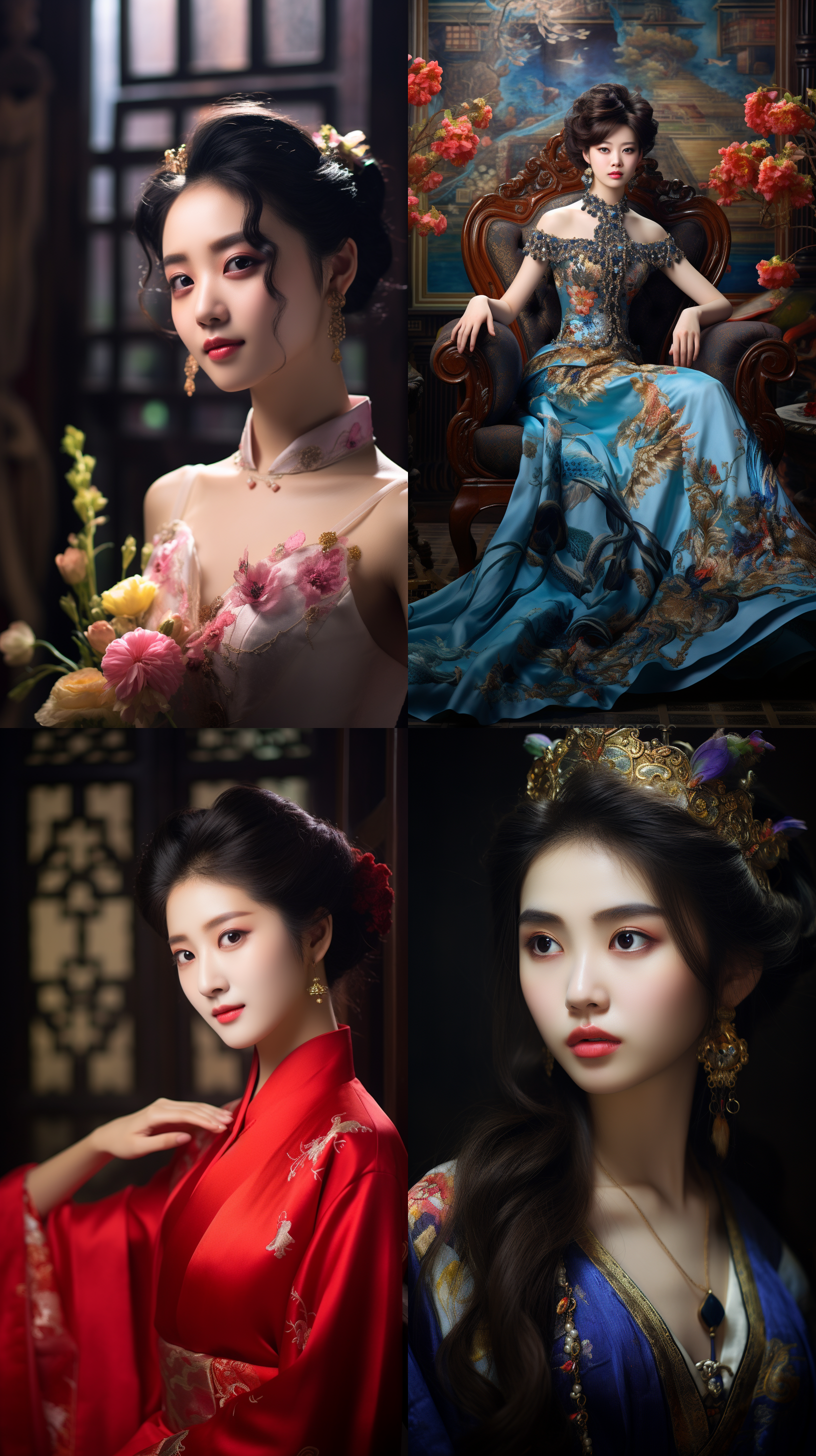 室内拍摄，明亮色调，中国模特穿着古典服装，侧面肖像，柔和光线，中焦镜头，端庄表情，优雅动作，传统元素，油画效果，温暖情感