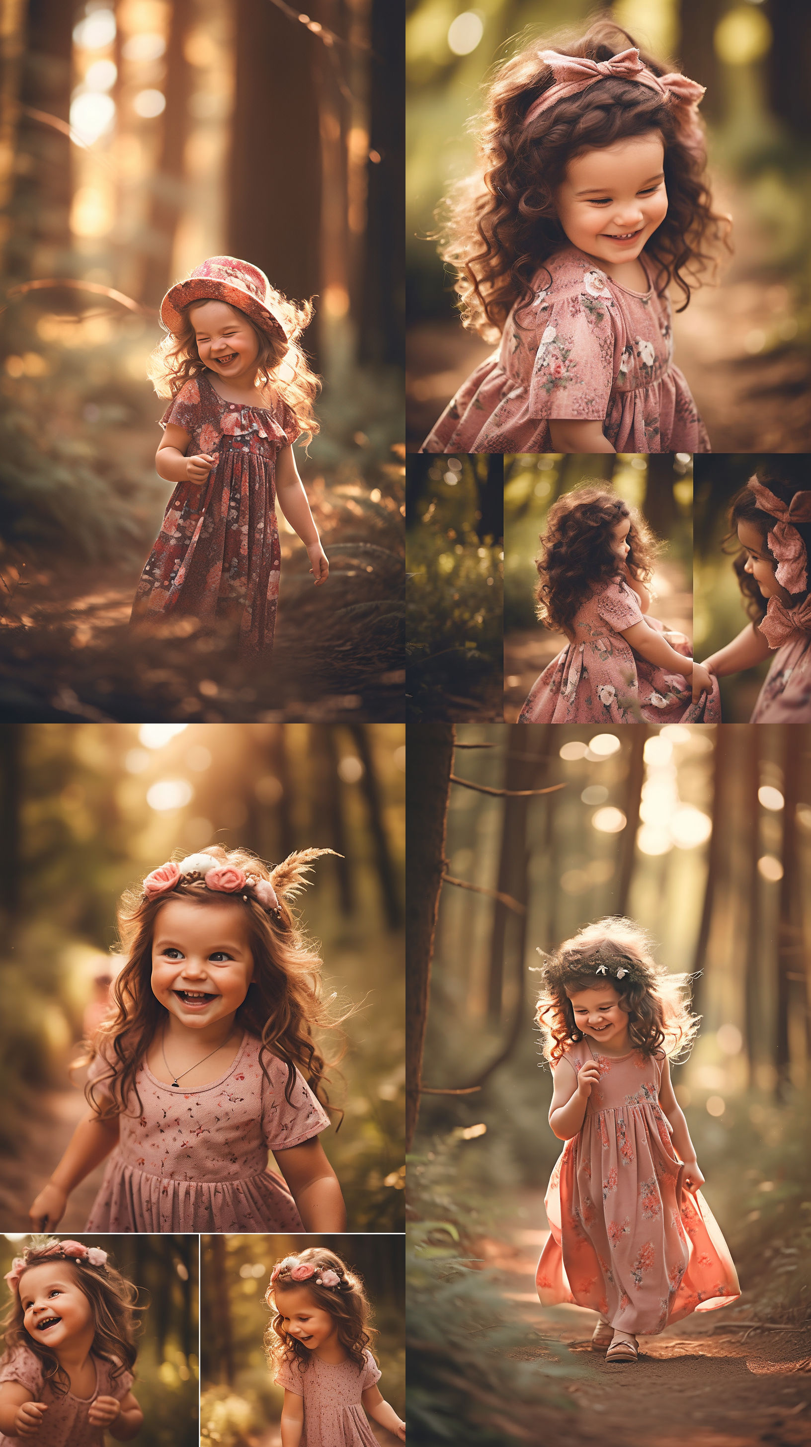 小女孩在森林中探险，穿着粉色连衣裙，发带在风中飘动，笑容灿烂。自然光线，柔和环境，中景构图，暖色调，清晰焦距，自然动作，快门速度适中，童趣，快乐。