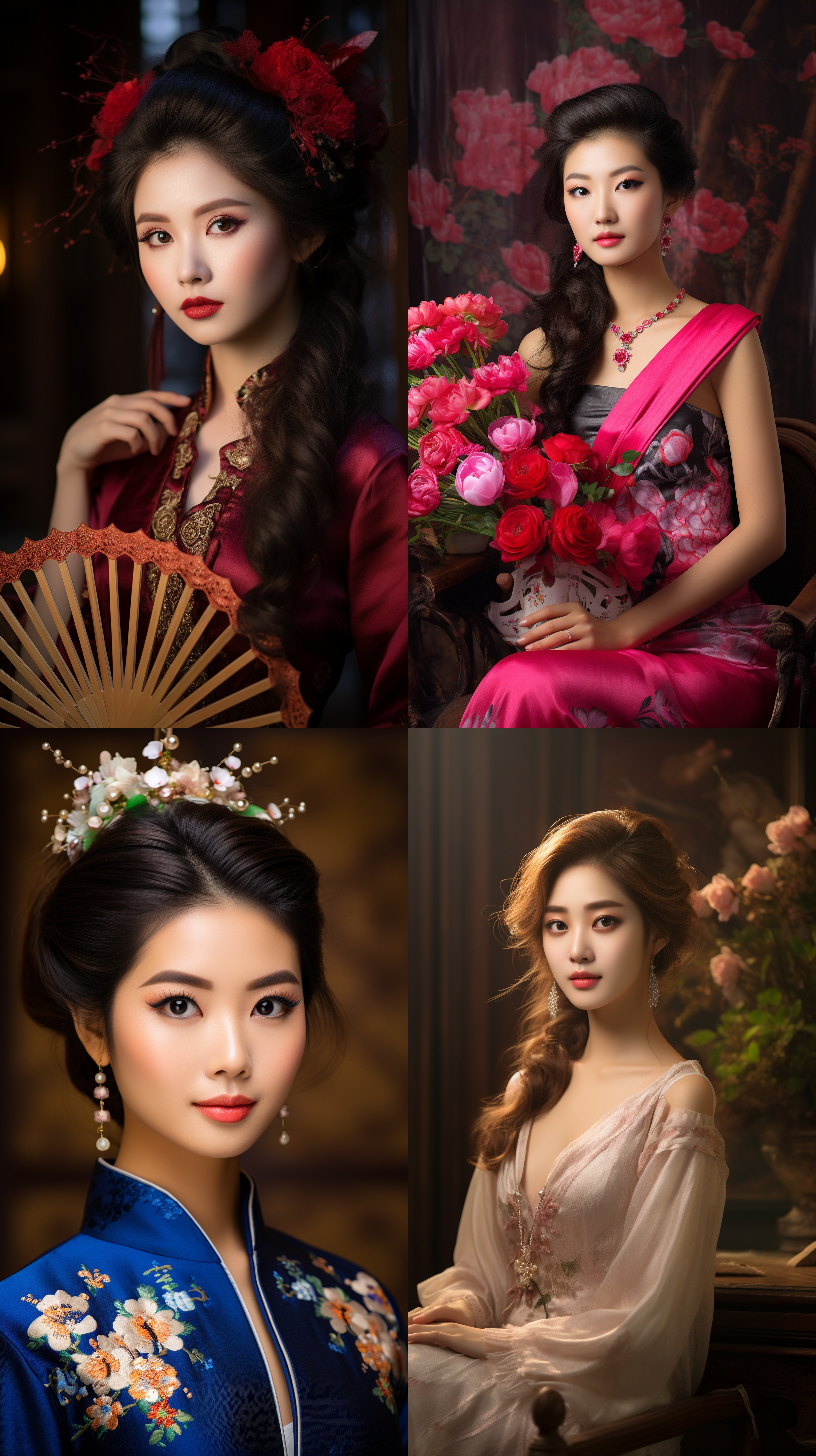 室内拍摄，明亮色调，中国模特穿着古典服装，侧面肖像，柔和光线，中焦镜头，端庄表情，优雅动作，传统元素，油画效果，温暖情感