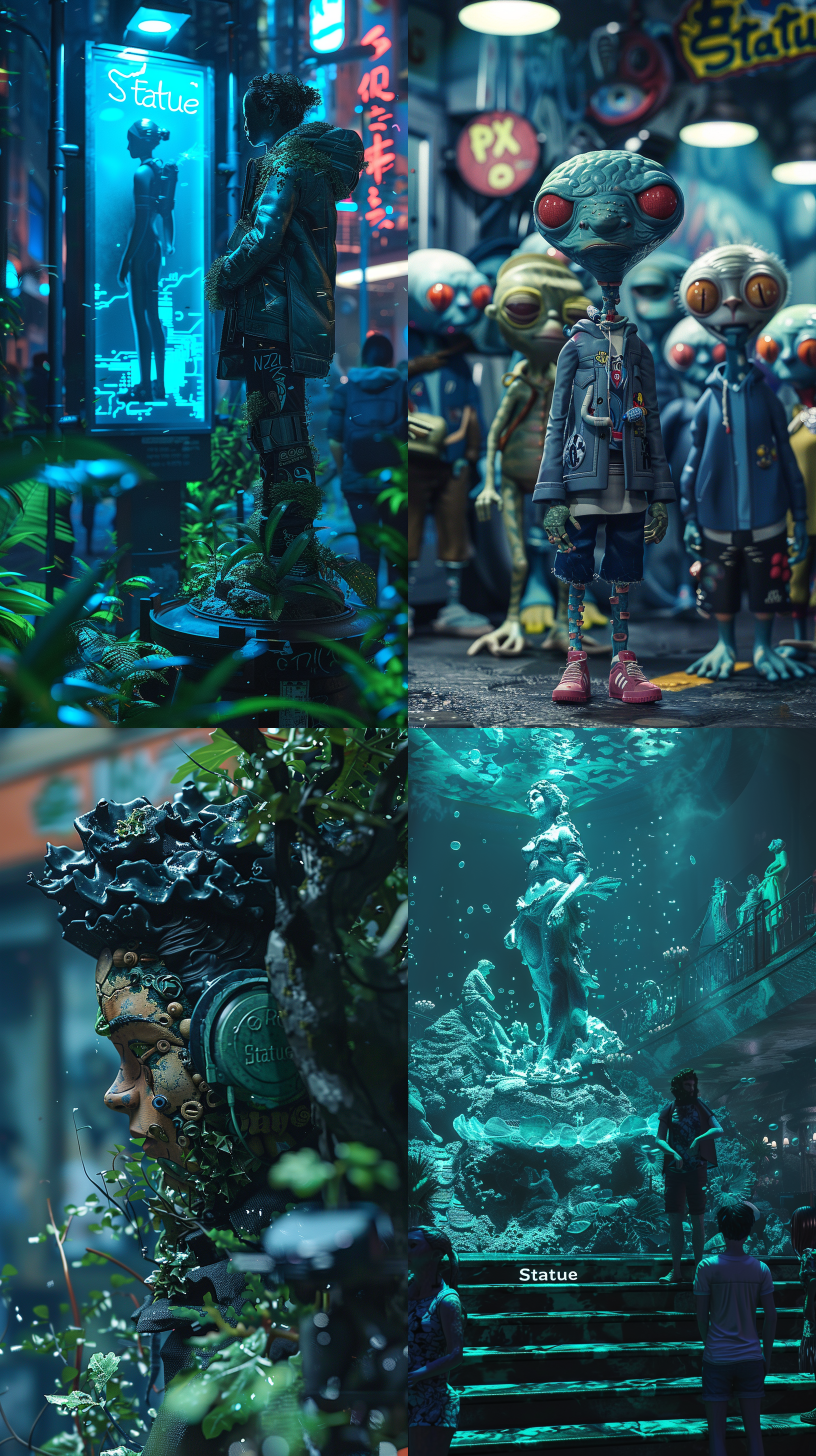 卡登斯·海因的作品《雕像》，一部以bci角色为特色的互动动画电影，风格类似于tristan eaton和takashi murakami，具有涂鸦灵感的细节和isamu noguchi的风格。场景呈现深蓝色和绿色，使用daz3d技术呈现全身人物。ar 97:128。