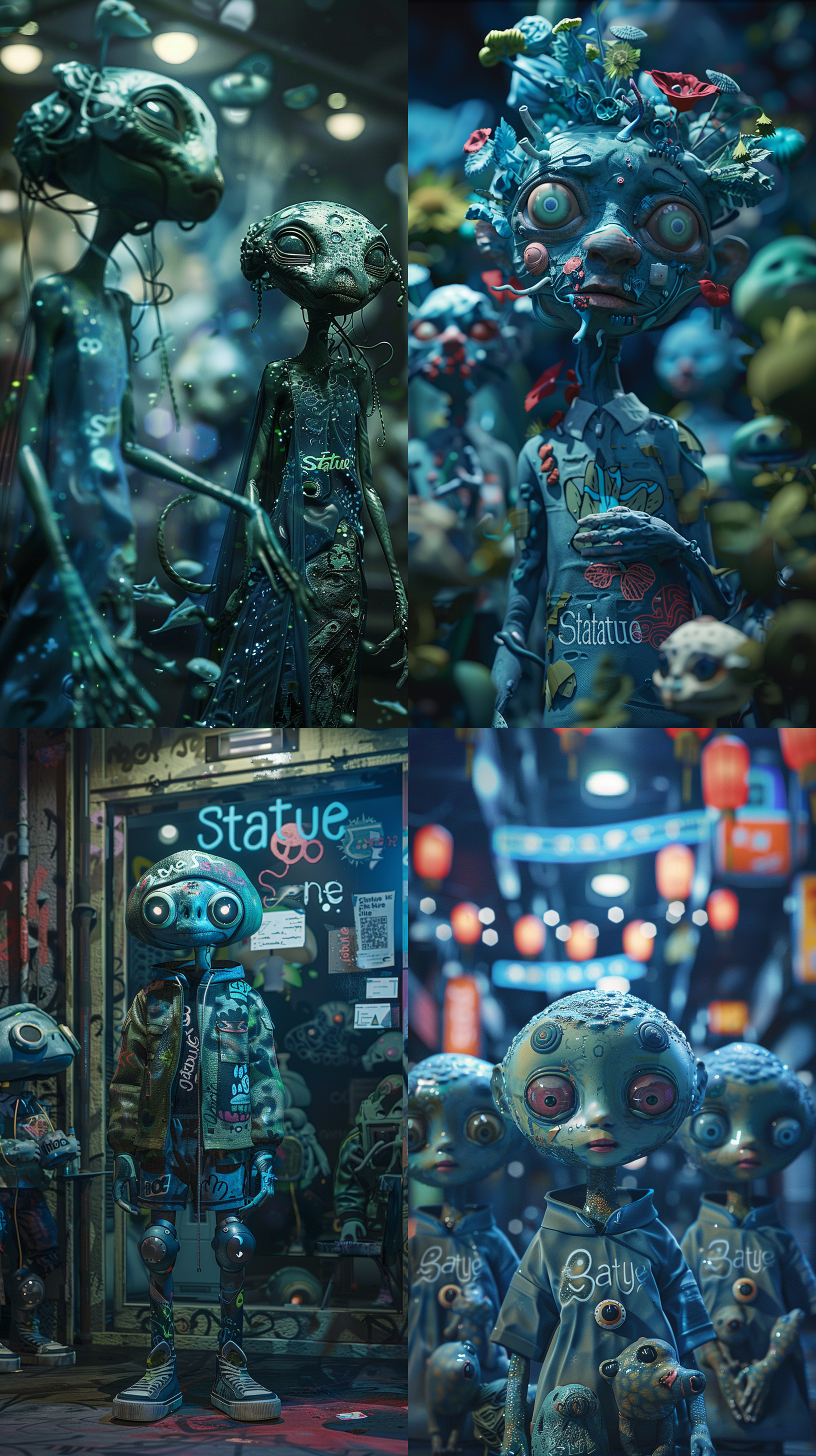 卡登斯·海因的作品《雕像》，一部以bci角色为特色的互动动画电影，风格类似于tristan eaton和takashi murakami，具有涂鸦灵感的细节和isamu noguchi的风格。场景呈现深蓝色和绿色，使用daz3d技术呈现全身人物。ar 97:128。