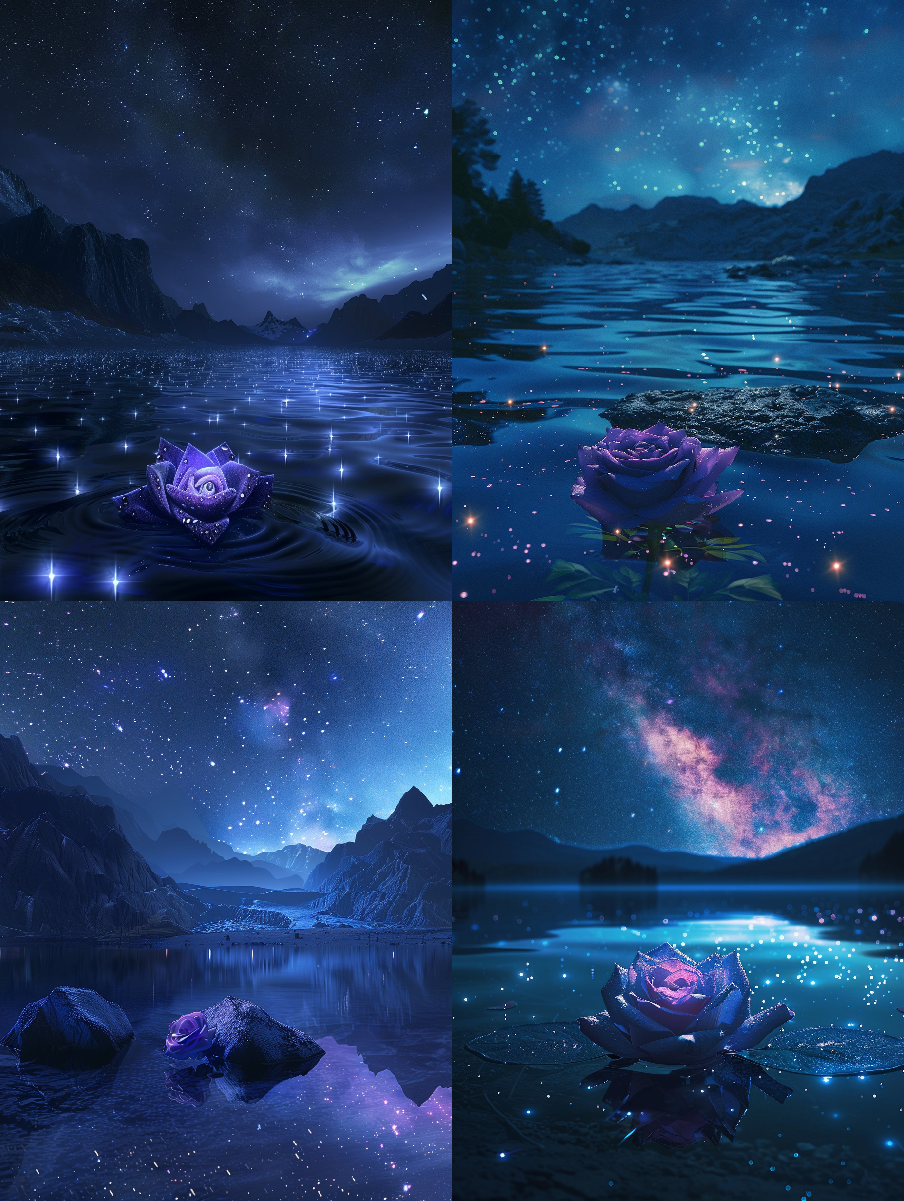 在夜空中，星星照耀着光滑的湖面。水中有一朵紫蓝色的玫瑰。极光，童话之光，星星，闪烁的星星，宽湖，星空，迈克尔·詹姆斯·史密斯的哑光画，cg渲染，体积光，太空艺术，生物发光，虚拟引擎5，超广角，高清，高清