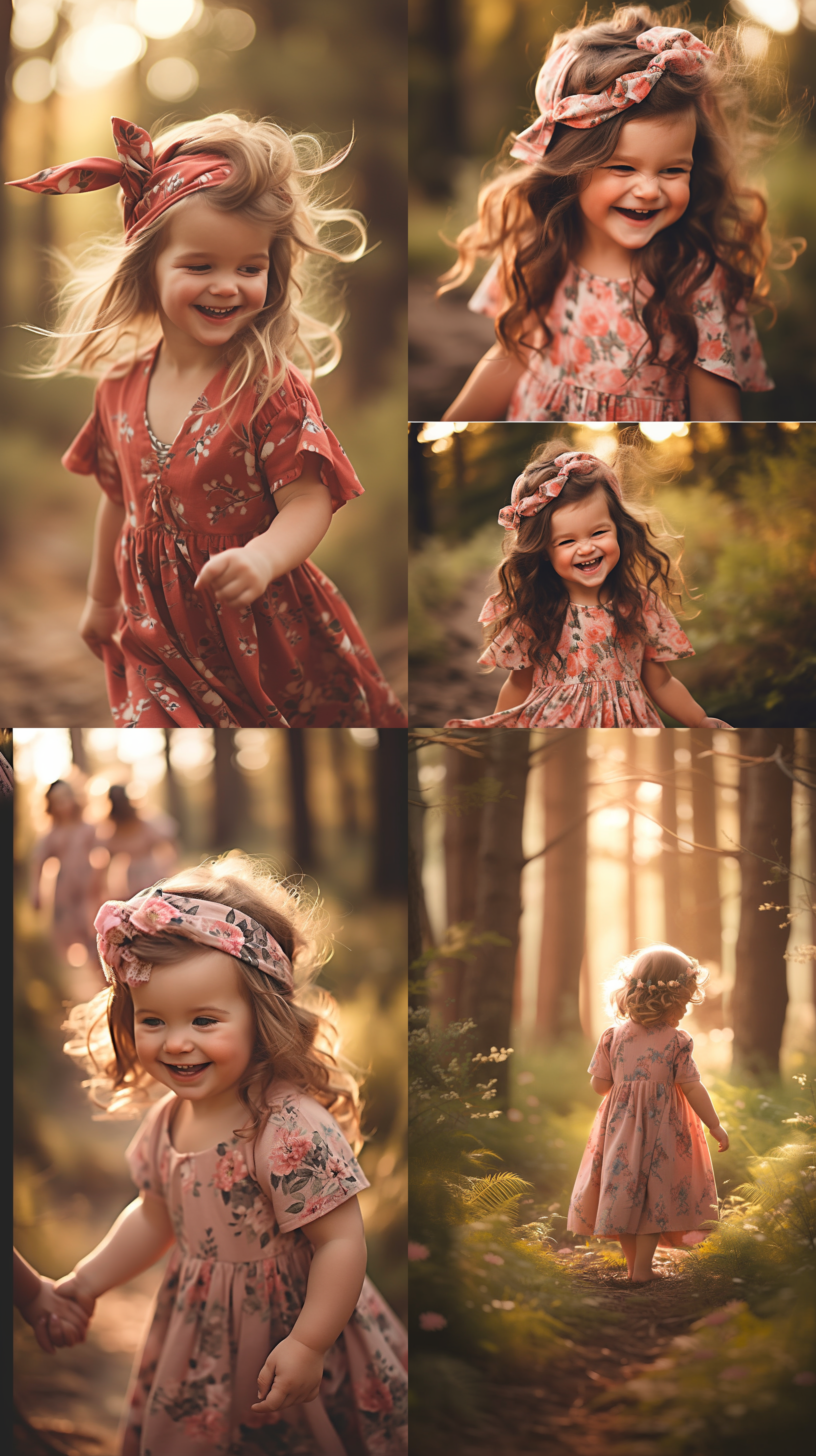 小女孩在森林中探险，穿着粉色连衣裙，发带在风中飘动，笑容灿烂。自然光线，柔和环境，中景构图，暖色调，清晰焦距，自然动作，快门速度适中，童趣，快乐。