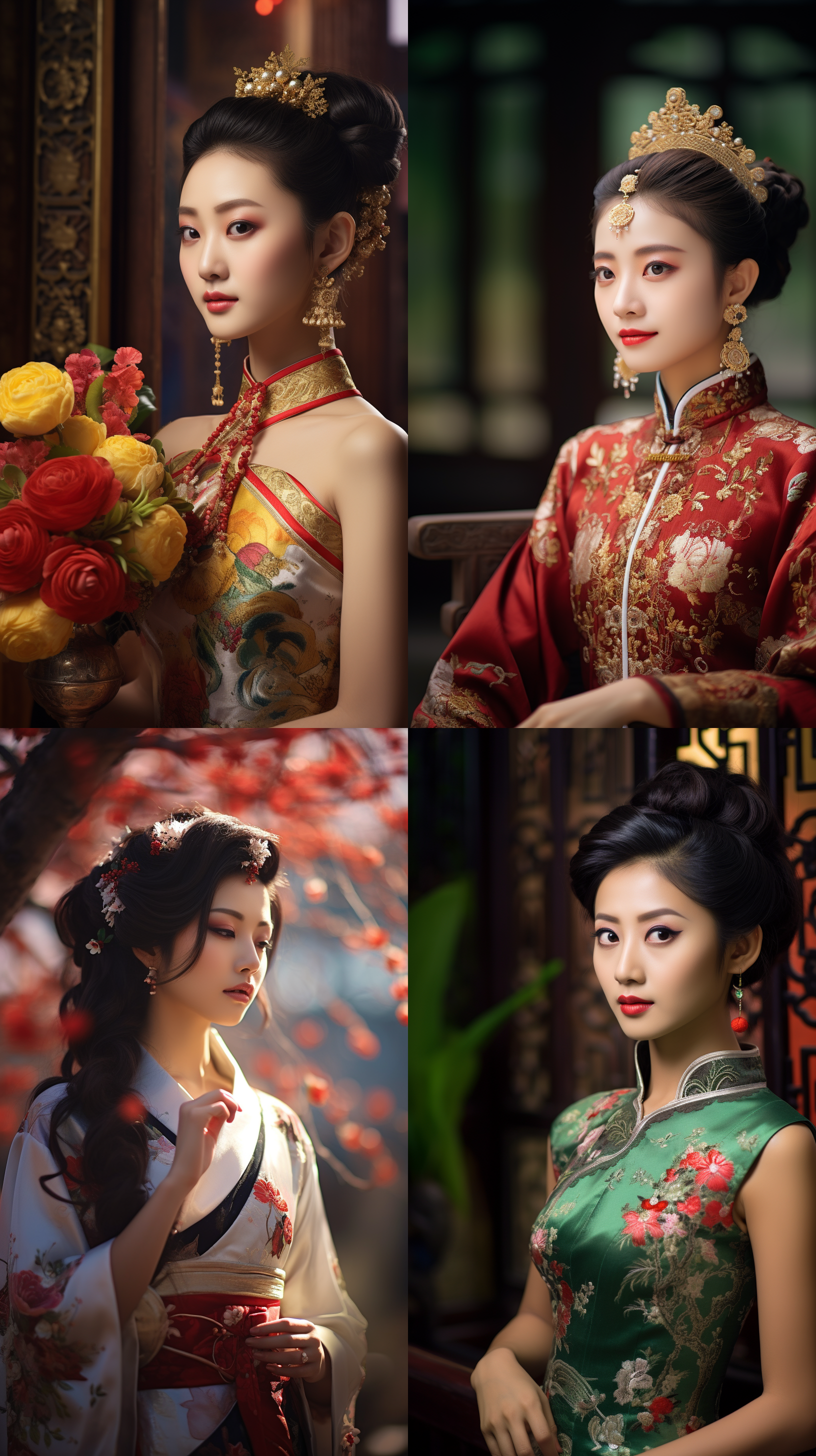 室外拍摄，明亮色调，中国模特穿着古典服装，侧面肖像，柔和光线，中焦镜头，端庄表情，优雅动作，传统元素，油画效果，温暖情感