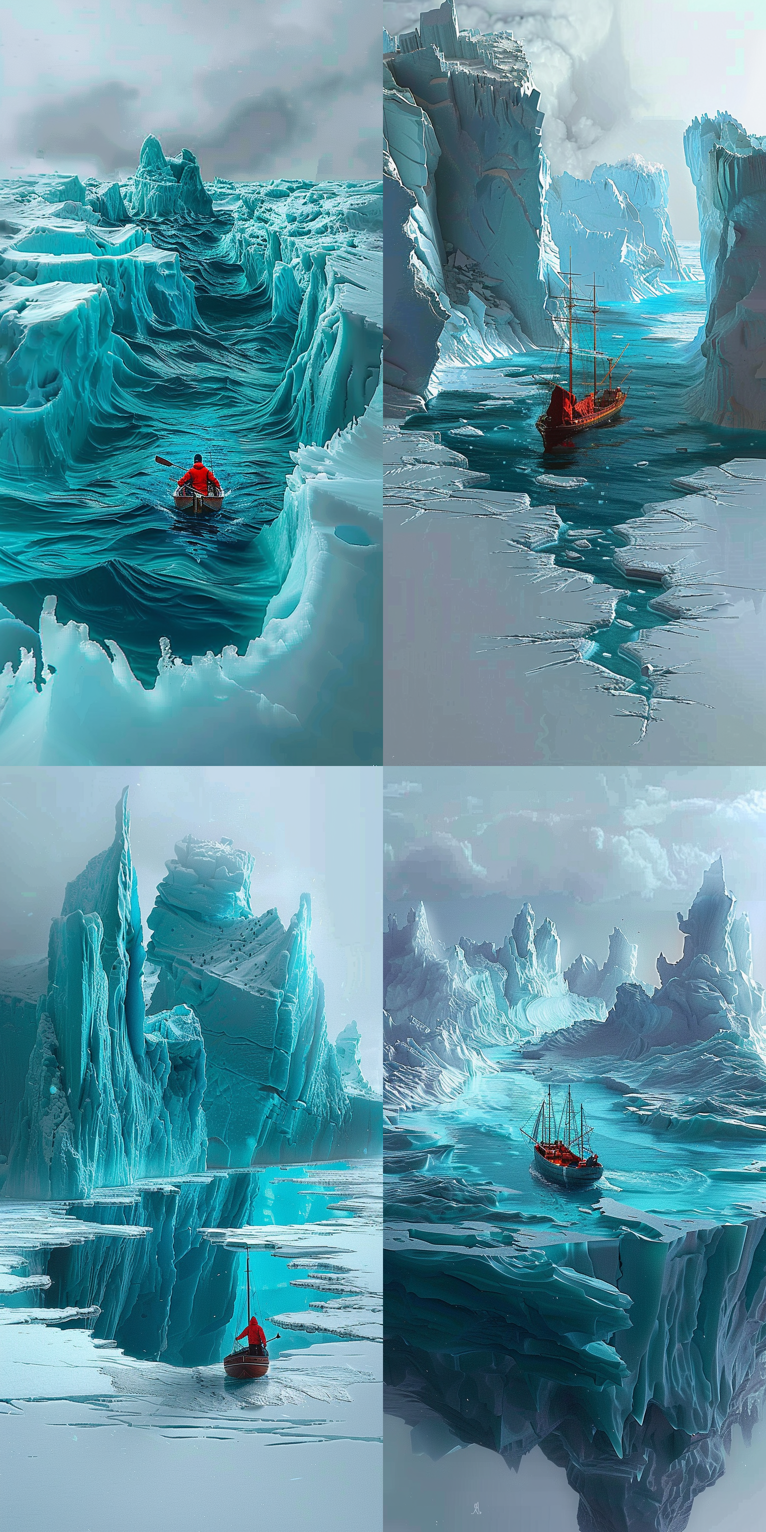 一个人在冰海中的船上，和图片风格一致