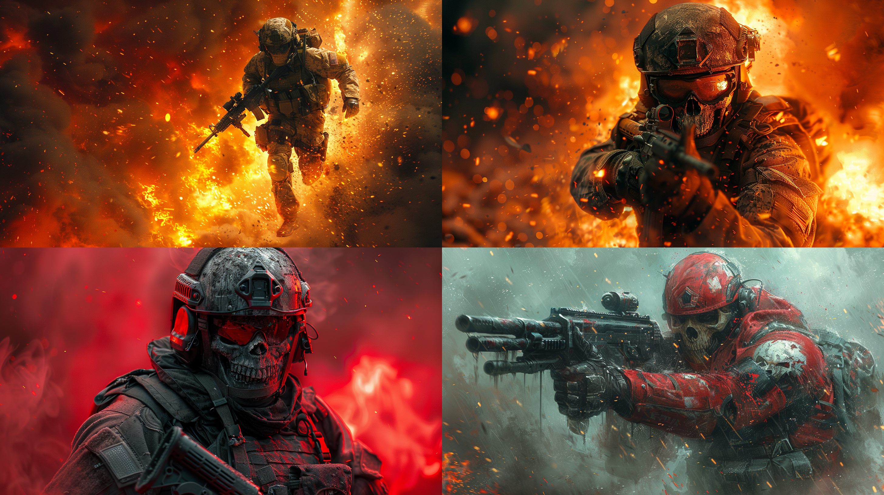 骷髅战士，美国国旗，钢枪，钢铁洪流，火海，激烈战斗，高动态范围，广角镜头，高光，战斗姿态，冷色调，坚定。