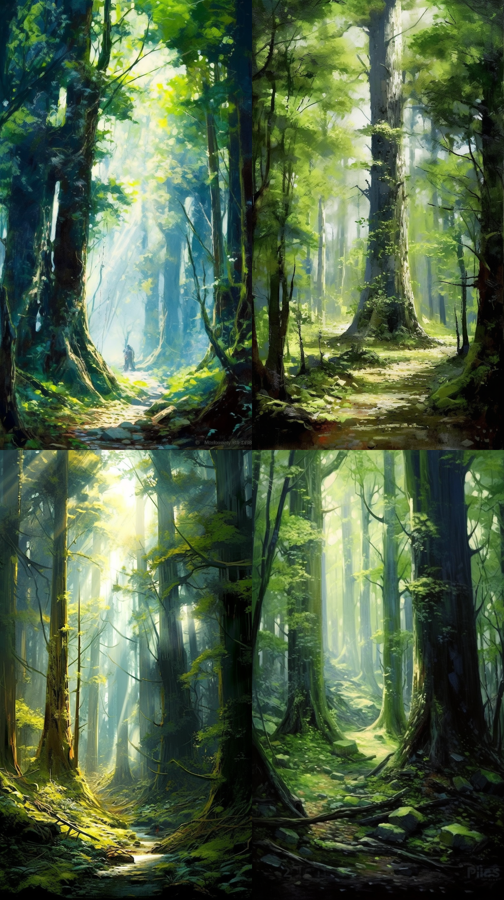 参天大树，森林深处，阳光穿过树叶，巨大树干，细节纹理清晰，自然光，静态风格，绿色调，庄严，宁静。