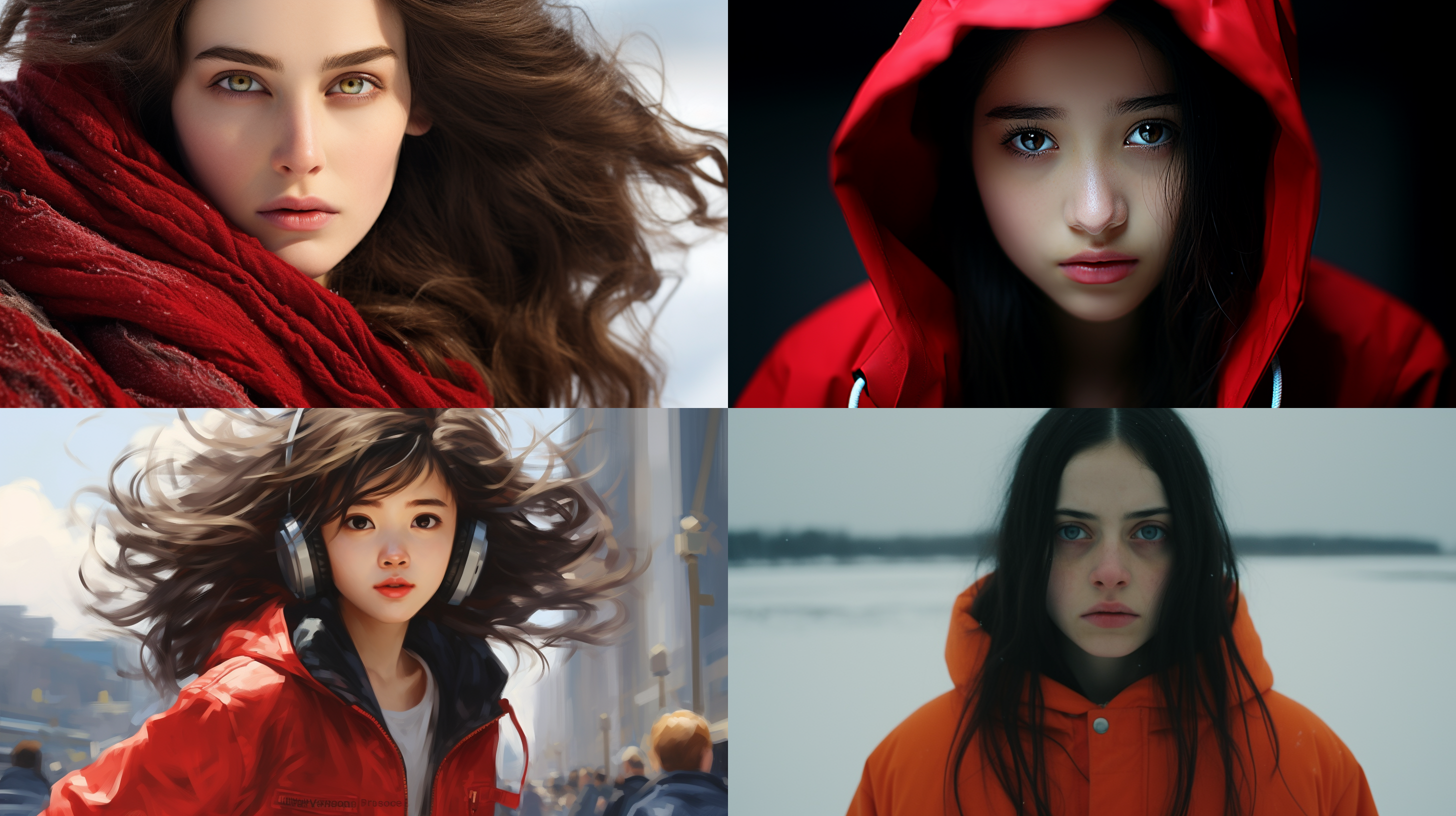 中国女孩长发过腰，高领红毛衣过膝，怒目，长眼睛，大觜，长筒皮靴，雪天