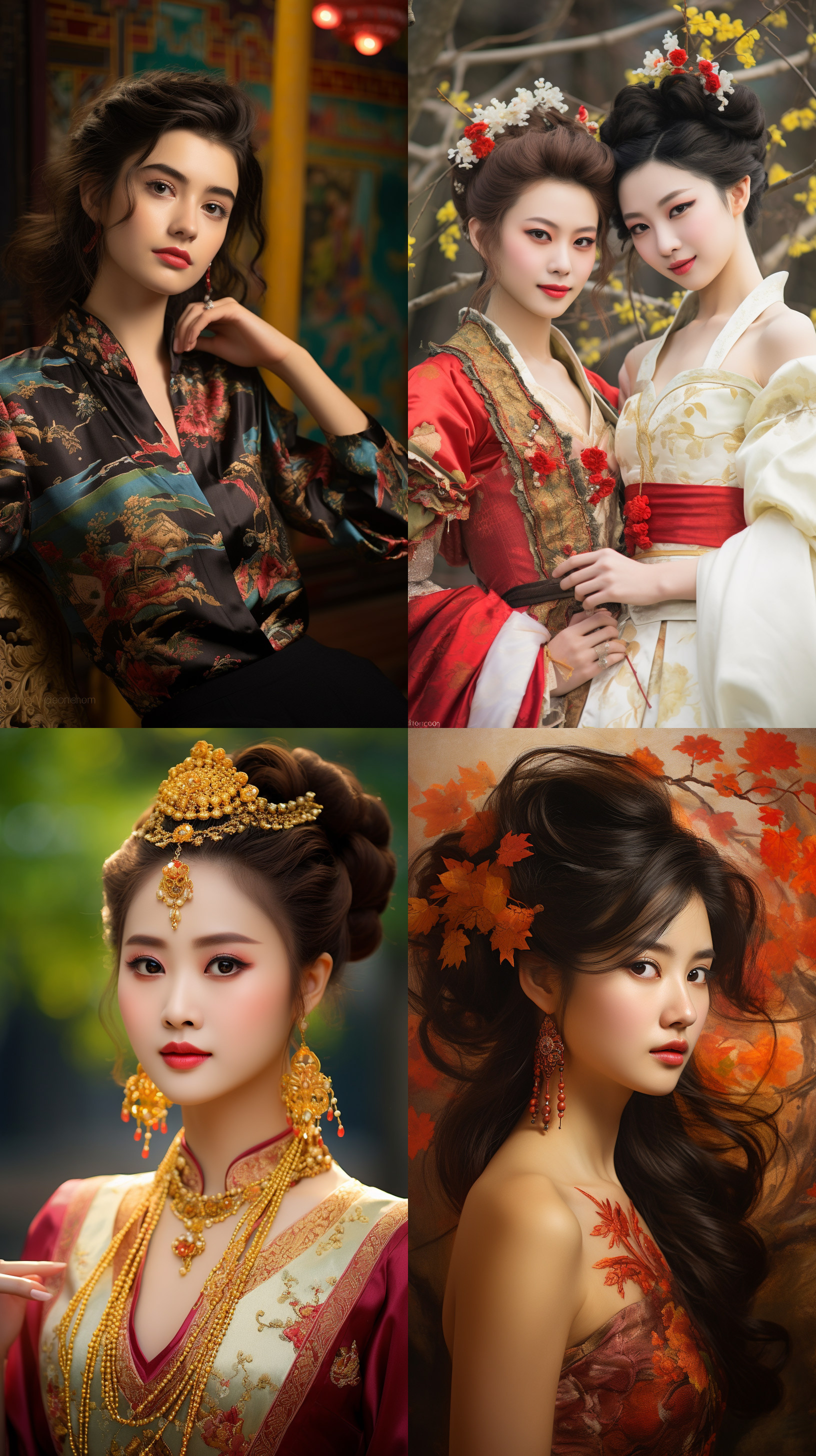 室外拍摄，明亮色调，中国模特穿着古典服装，侧面肖像，柔和光线，中焦镜头，端庄表情，优雅动作，传统元素，油画效果，温暖情感