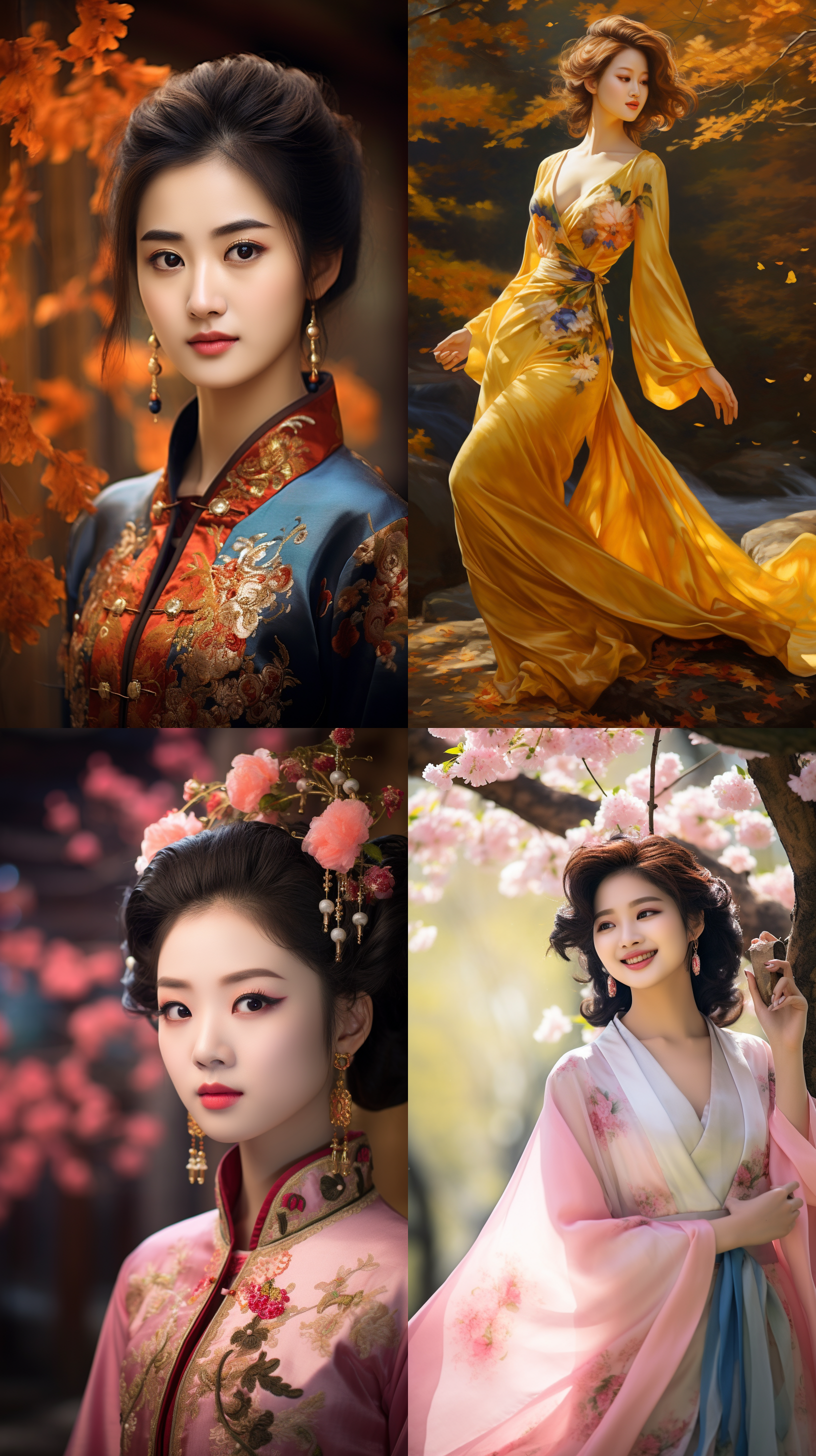 室外拍摄，明亮色调，中国模特穿着古典服装，侧面肖像，柔和光线，中焦镜头，端庄表情，优雅动作，传统元素，油画效果，温暖情感