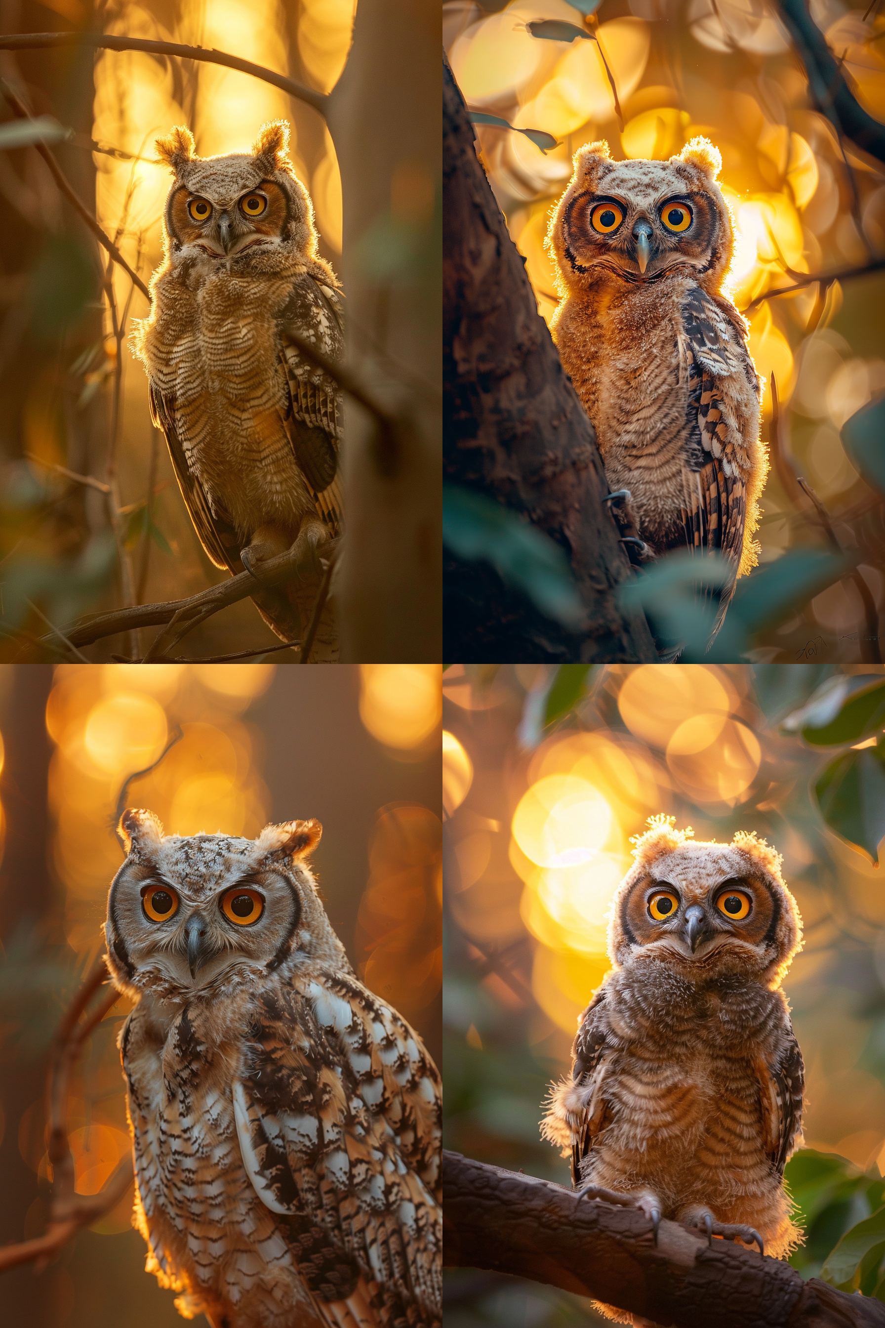 年轻的猛禽猫头鹰，lane cove国家公园，夕阳余晖，特写，金色光线，自信，树林中，注视镜头，沉静，环境肖像，温暖色调，长焦镜头。