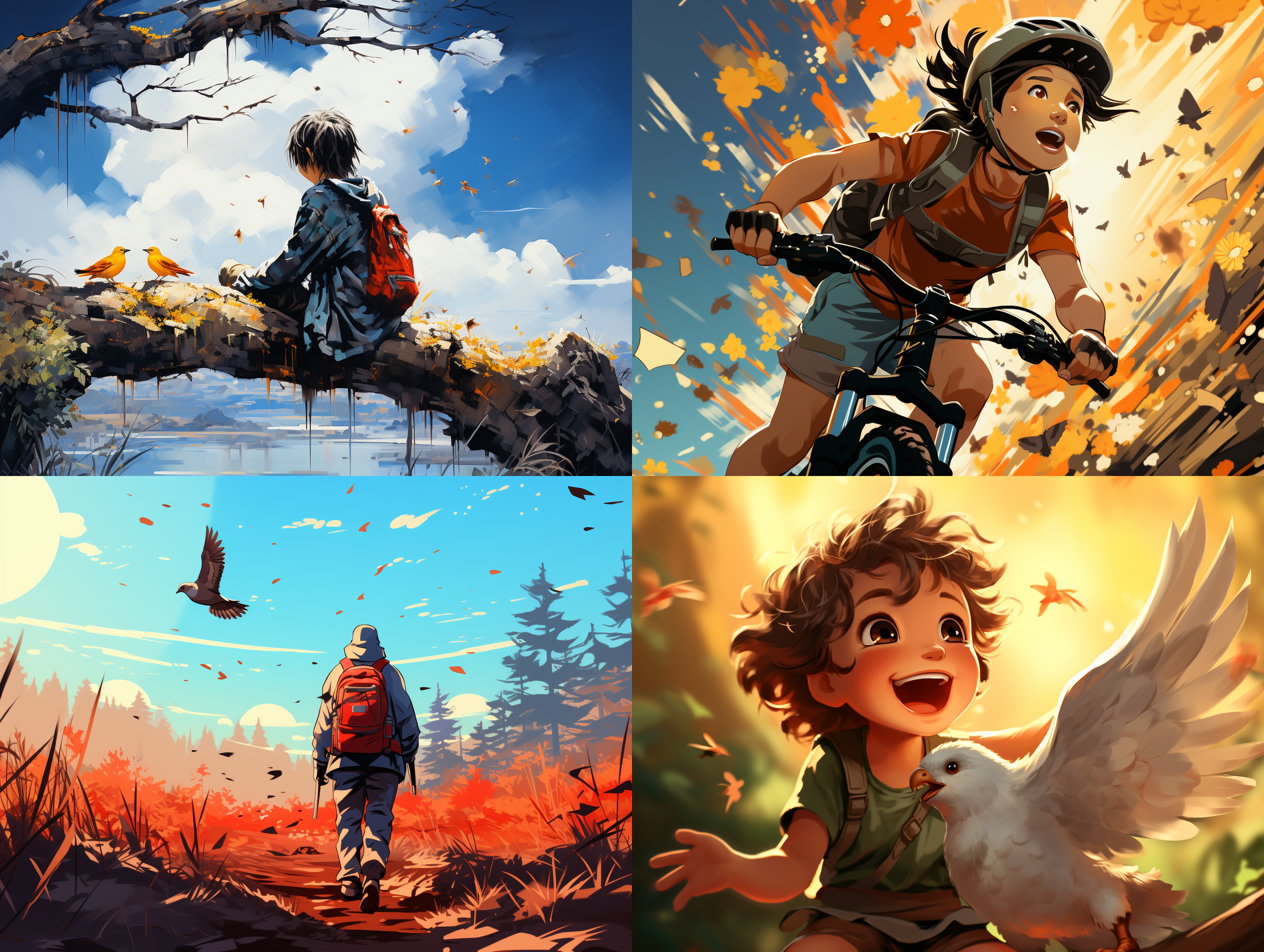 自然，森林，1boy，骑行，户外，树，植物，短发，蟾蜍，靴子，鸟，裤子，夹克，白天，灰色裤子，长袖，丛林，黄色,治愈系画风,插画