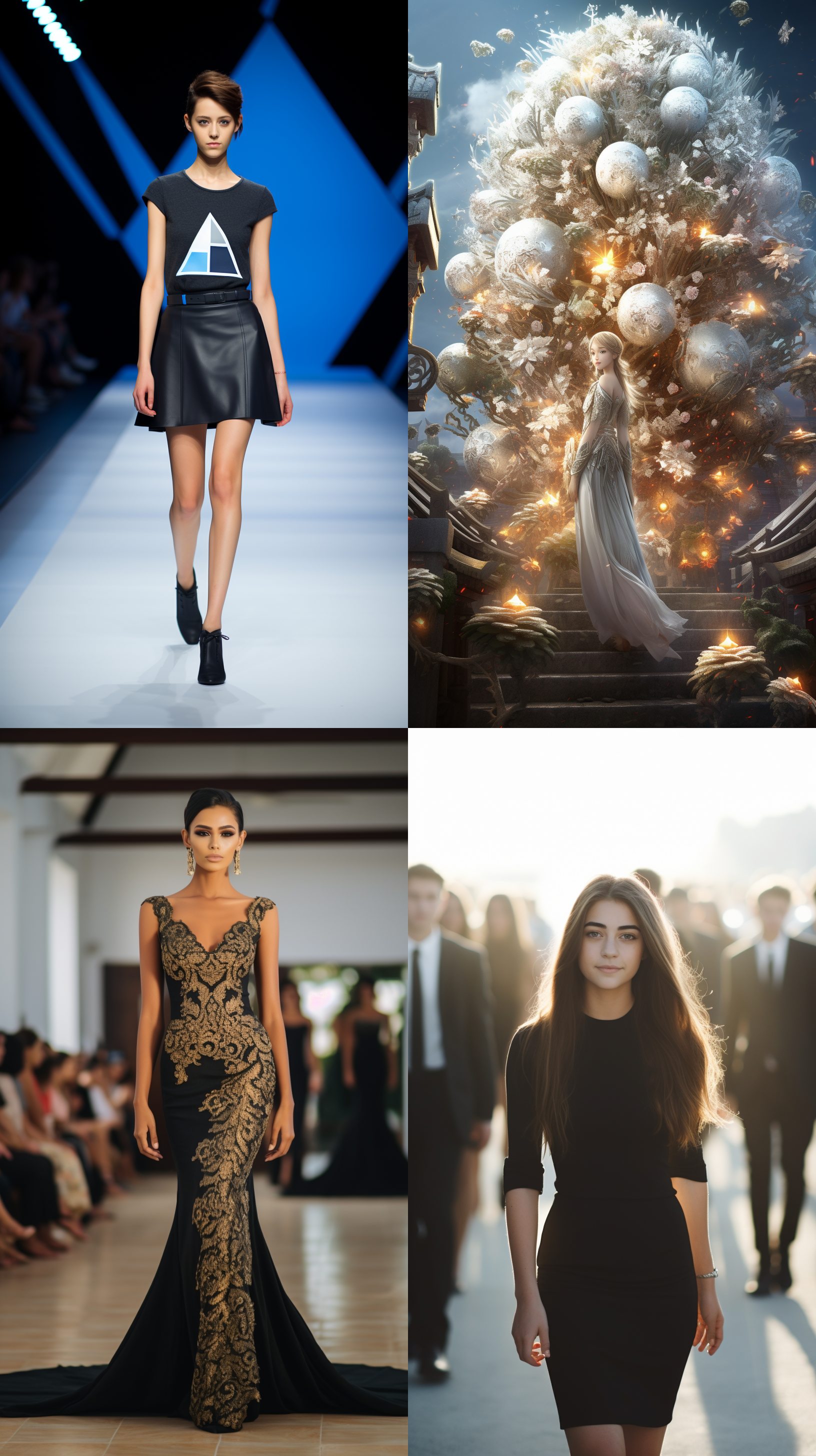 中国模特走在长长的t型台上，身穿华丽的礼服，优雅地走着。她高挑的身材和自信的表情展现出无尽的魅力。整个场景中，炫目的灯光照亮了她的身影，舞台背景则以简约的黑白色调为主，突出了她的美丽。 t型台，礼服，高挑身材，自信表情，魅力，灯光，舞台背景，黑白色调，美丽。